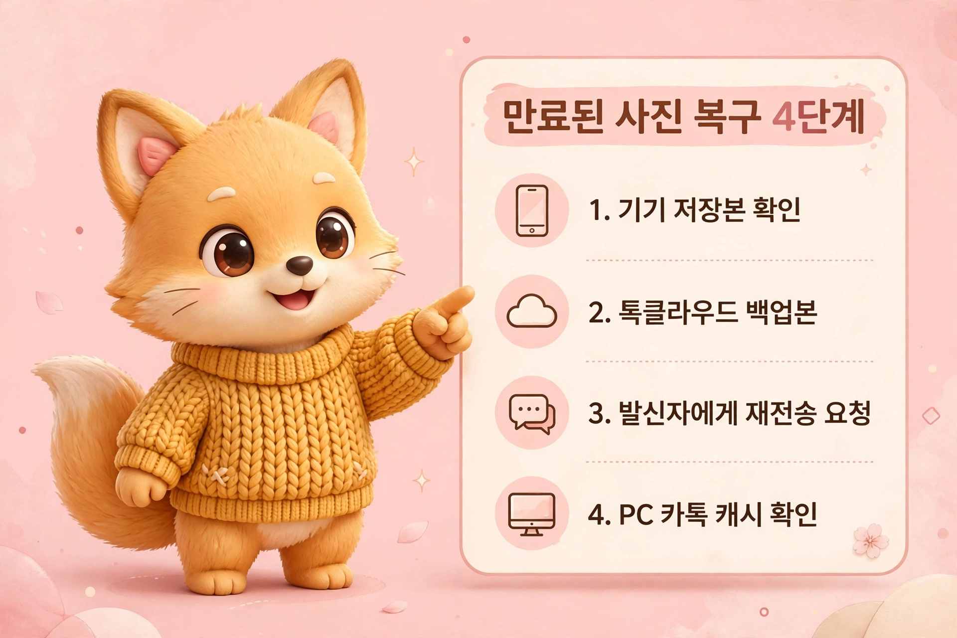 만료된 카톡 사진 복구 4단계 — 기기 저장본·톡클라우드·재전송·PC 캐시