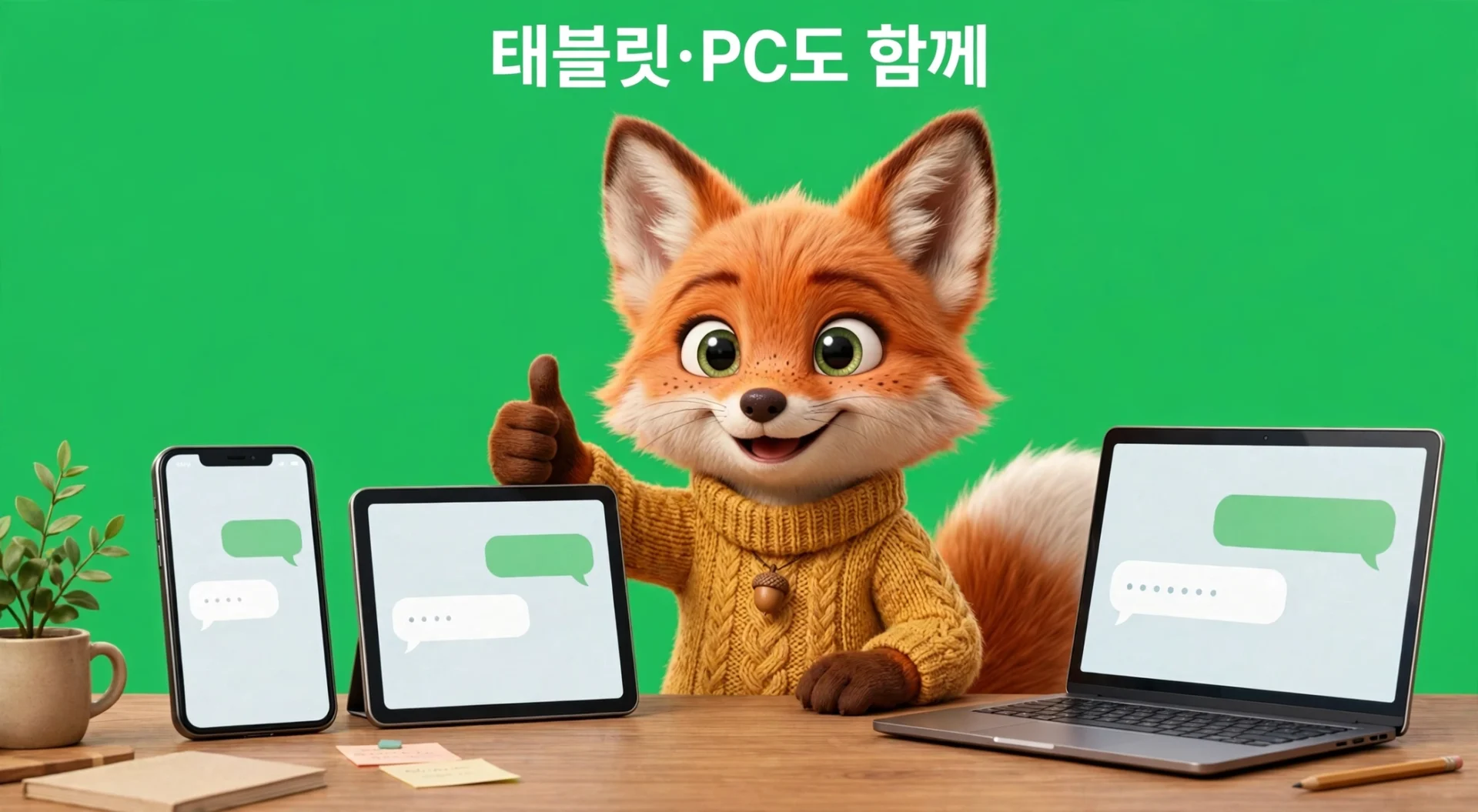 카카오톡 태블릿·PC 동시 사용을 안내하는 여우 캐릭터