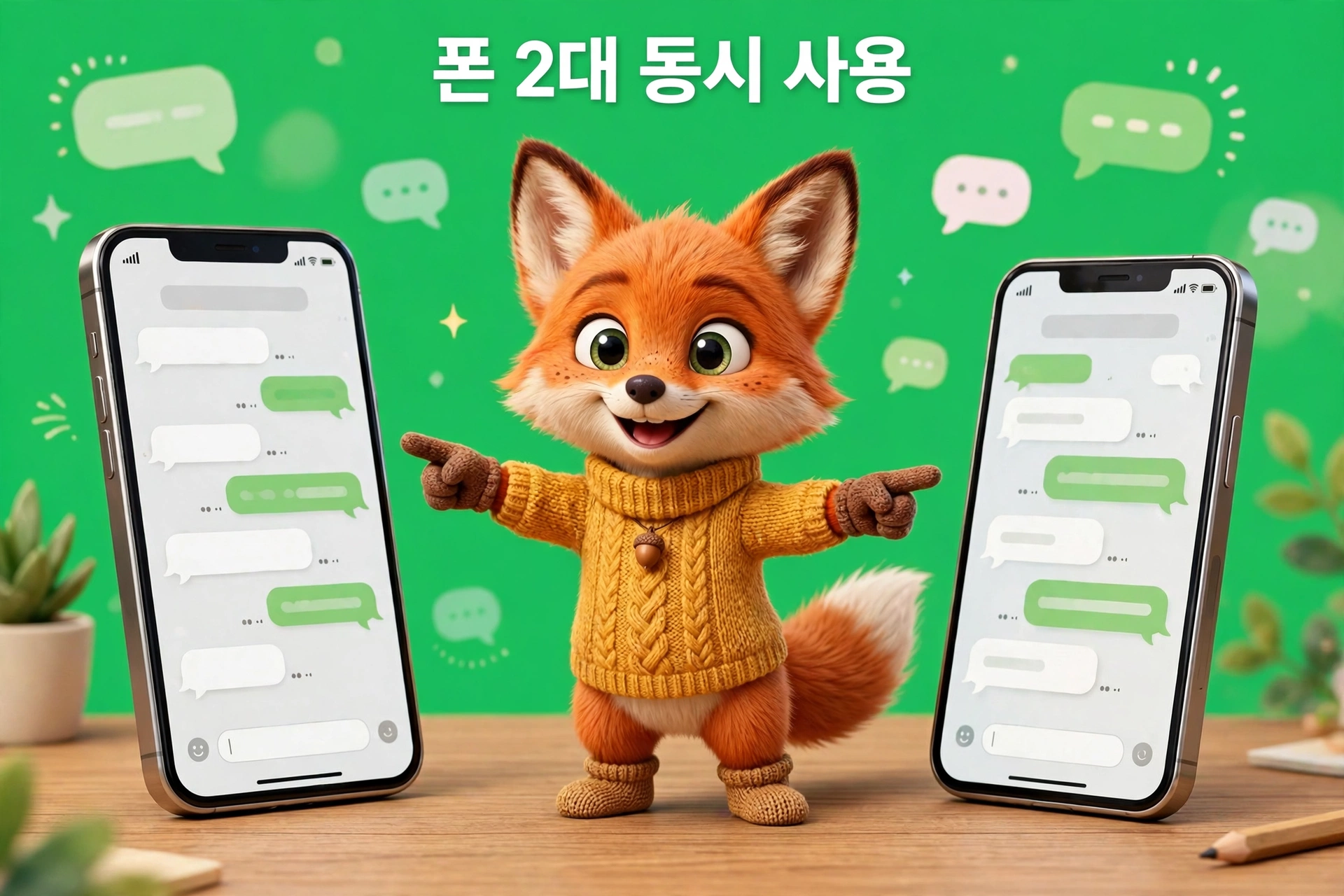 카톡 서브폰 연동 — 폰 2대 동시 사용을 안내하는 여우 캐릭터