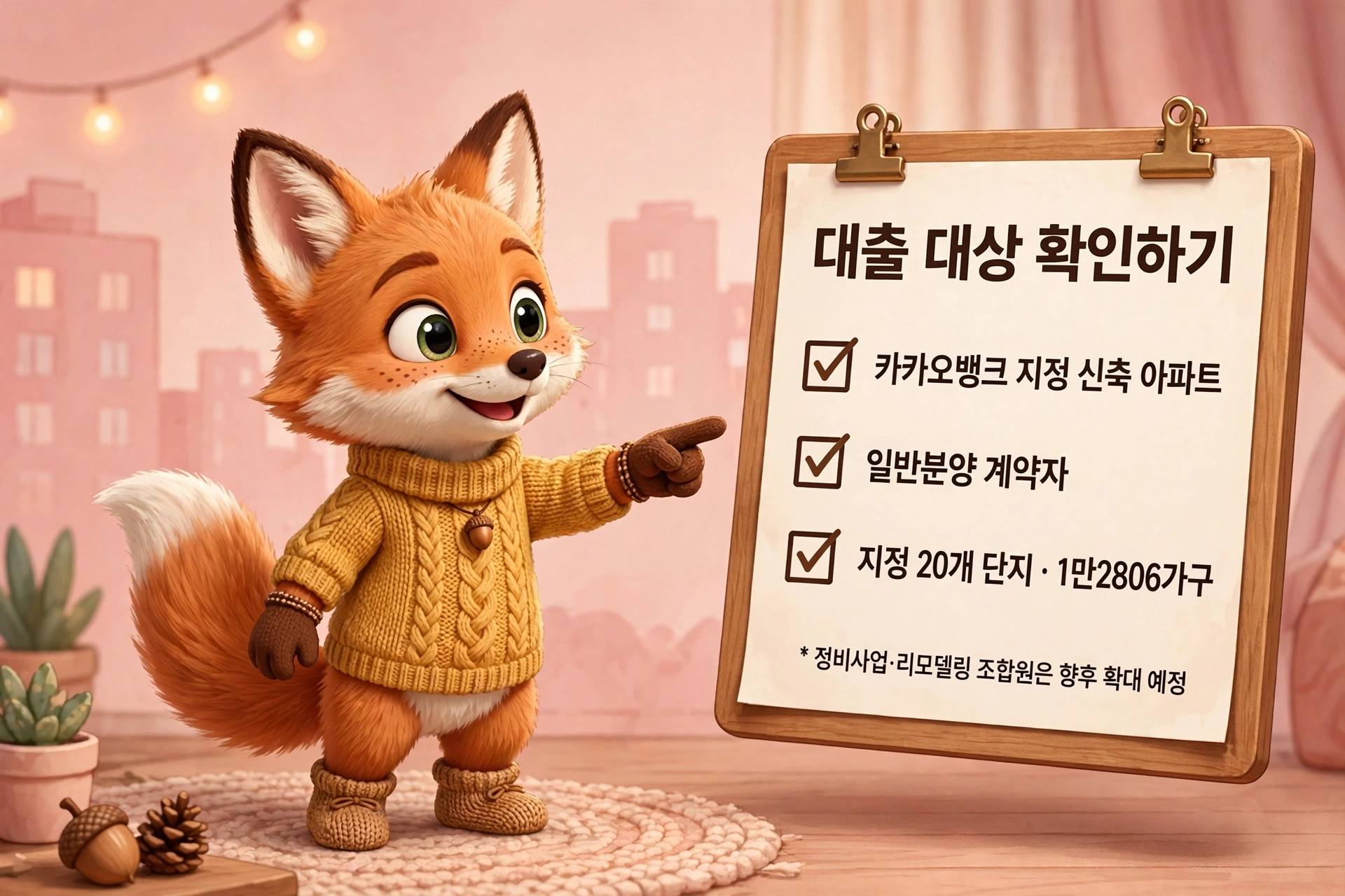 귀여운 여우 캐릭터가 노란색 스웨터를 입고 체크리스트를 가리키고 있는 이미지. 체크리스트에는 카카오뱅크 지정 신축 아파트, 일반분양 계약자, 지정 20개 단지 정보가 포함되어 있음. 배경은 부드러운 핑크색으로 아늑한 분위기를 연출.