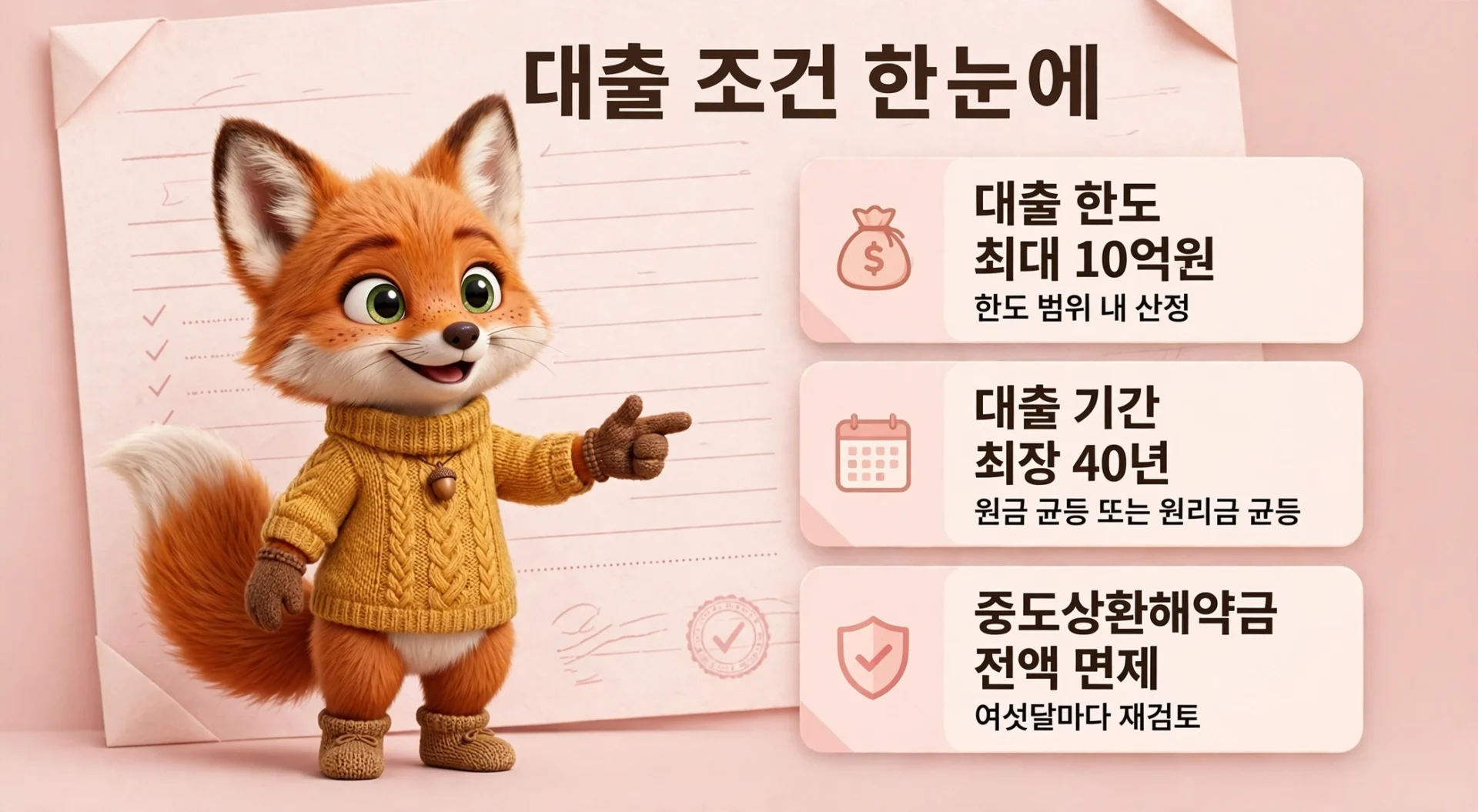 대출 조건을 설명하는 만화 캐릭터 여우, 최대 10억 원 대출 한도, 40년 최장 대출 기간, 중도상환해약금 전액 면제 정보가 포함된 이미지.