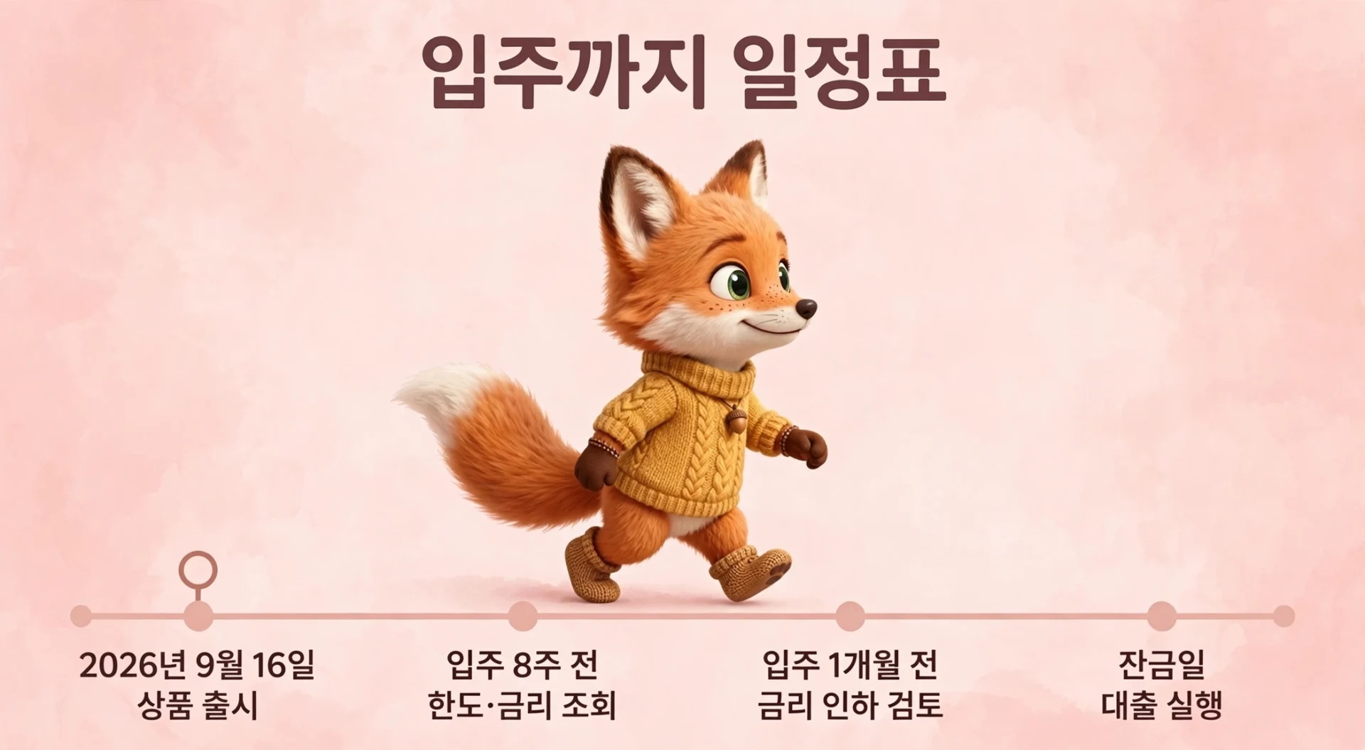 2026년 9월 16일 출시 예정인 제품의 입주 일정표, 귀여운 여우 캐릭터가 노란색 스웨터를 입고 걷고 있는 모습.