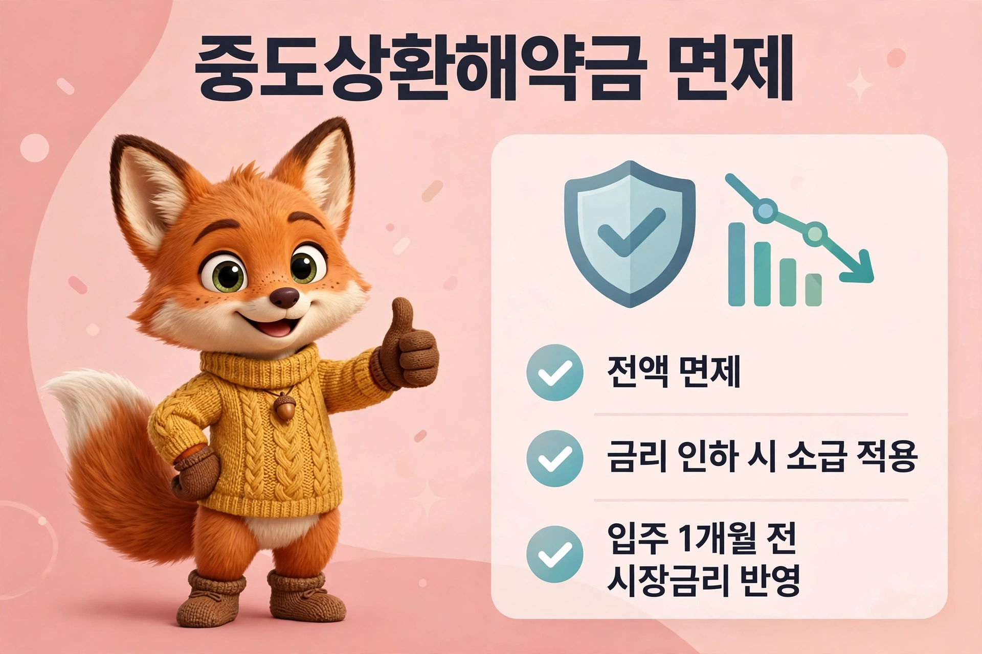 중도상환해약금 면제에 대한 정보를 담고 있는 귀여운 여우 캐릭터 이미지. 전액 면제, 금리 인하 시 소급 적용, 입주 1개월 전 시장금리 반영 등의 내용이 포함됨.