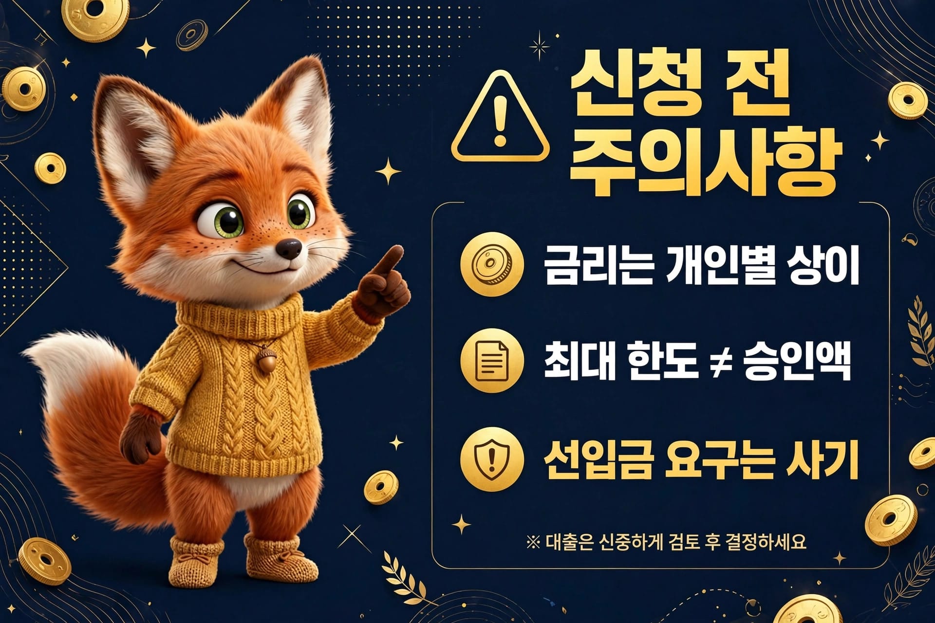 신청 전 주의사항을 안내하는 이미지로, 카카오페이 대출의 금리는 개인별로 상이하며, 최대 한도와 승인액은 다를 수 있음을 강조하고 있습니다. 선입금 요건에 대한 주의도 포함되어 있습니다.