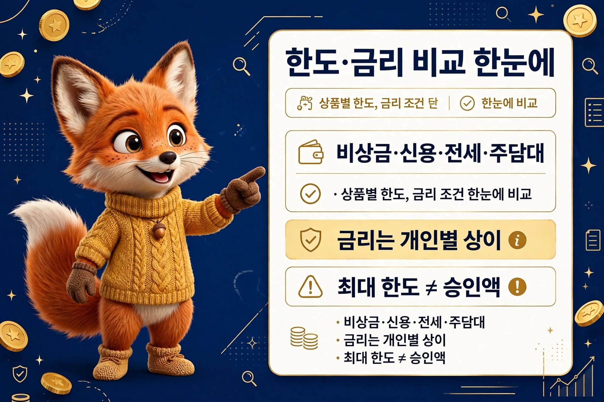 카카오페이 대출 관련 정보와 조건을 설명하는 이미지로, 귀여운 여우 캐릭터가 손가락으로 가리키며 대출 한도와 금리에 대한 비교를 강조하고 있음. 배경에는 동전과 금융 아이콘이 포함되어 있어 금융 주제를 시각적으로 전달.