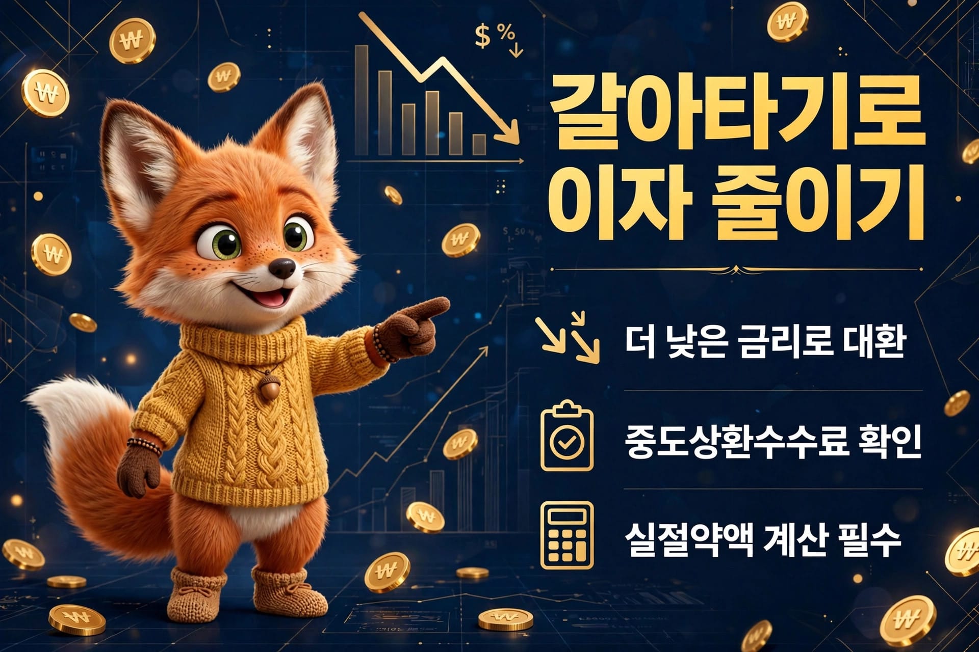 카카오페이 대출 관련 정보를 제공하는 이미지, 귀여운 여우 캐릭터가 금전적 요소와 함께 더 낮은 금리, 중도상환수수료 확인, 실절약액 계산 필요성을 강조하는 내용 포함.