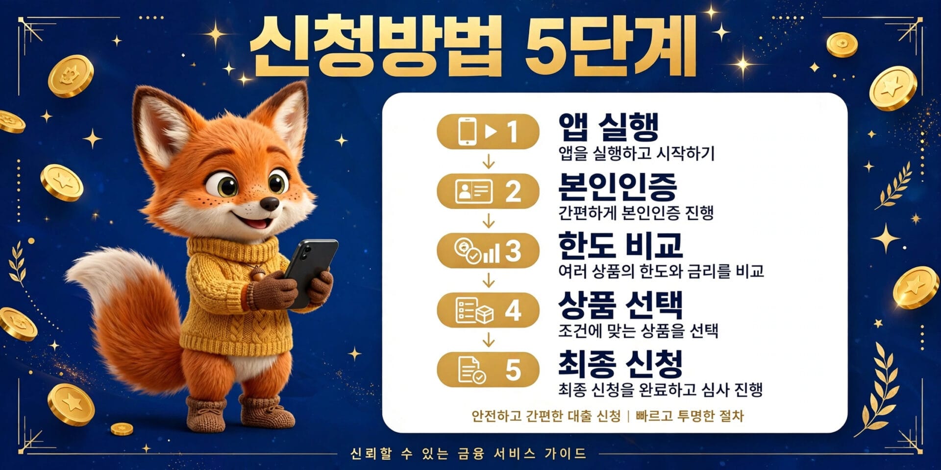 카카오페이 대출 신청 방법을 설명하는 이미지로, 앱 실행, 본인 인증, 한도 비교, 상품 선택, 최종 신청의 5단계 절차를 나타내고 있습니다. 귀여운 여우 캐릭터가 스마트폰을 들고 있는 모습과 함께 금화 아이콘이 배경에 배치되어 있습니다.