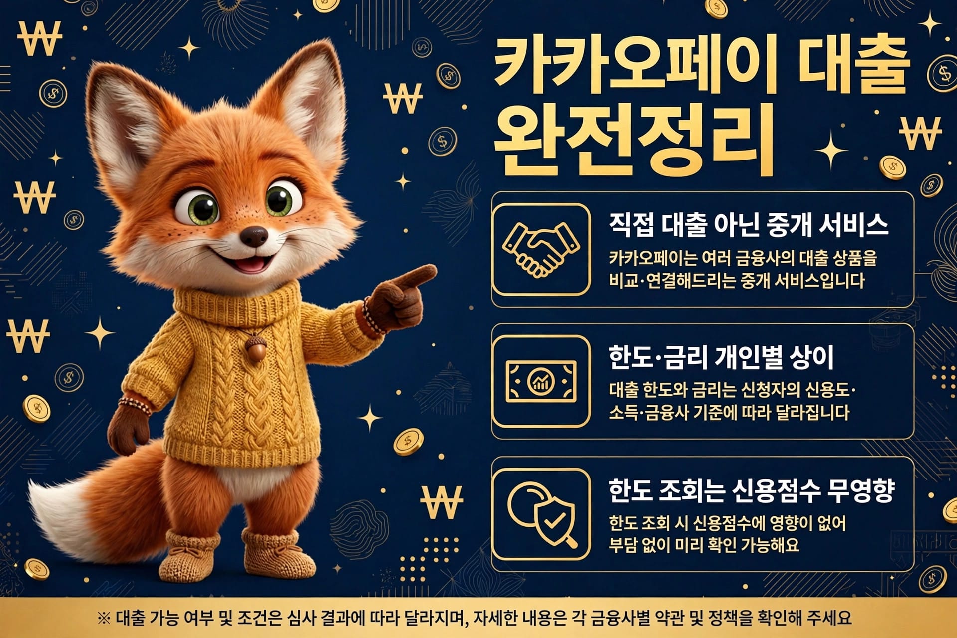 카카오페이 대출 관련 정보를 제공하는 이미지로, 귀여운 여우 캐릭터가 대출 서비스의 특징을 설명하고 있다. 배경은 어두운 색상으로 금융 관련 아이콘이 배치되어 있으며, 대출 조건, 한도, 금리에 대한 내용을 강조하고 있다.