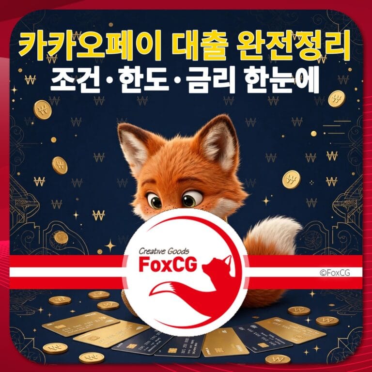 카카오페이 대출 관련 정보와 함께 금리, 한도, 신청 방법을 설명하는 이미지로, 귀여운 여우가 카드와 동전 위에 앉아 있는 모습이 담겨 있습니다.