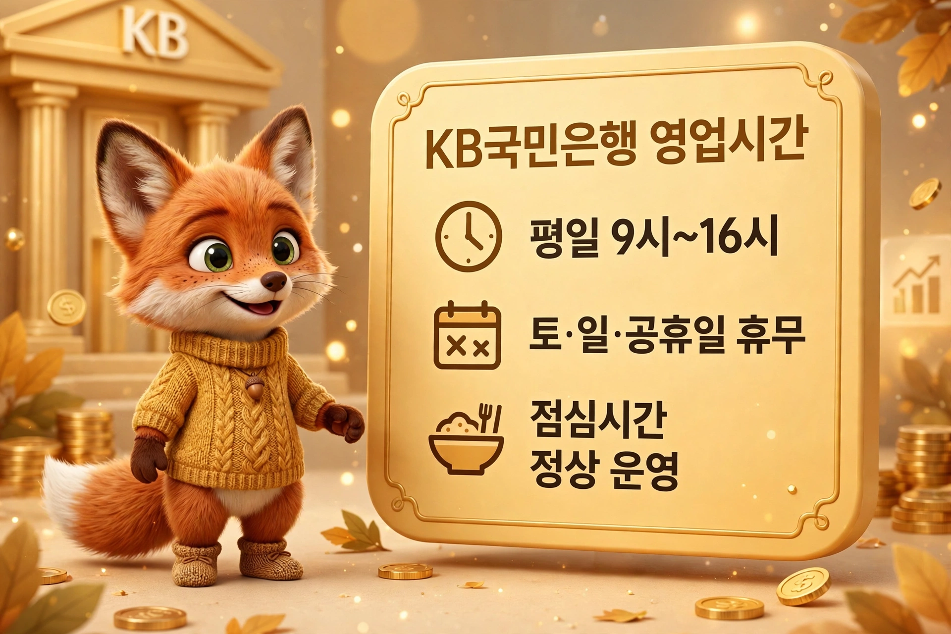 KB국민은행 영업시간 안내 — 평일 9시부터 16시까지, 토·일·공휴일 휴무, 점심시간 정상 운영