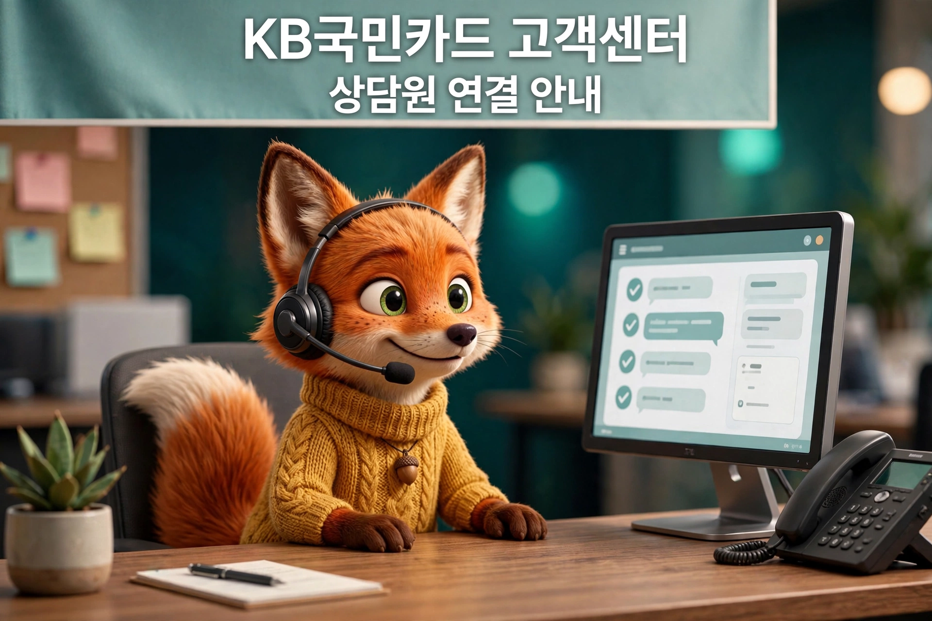 KB국민카드 고객센터 상담원 연결 안내 이미지 (헤드셋을 쓴 여우 상담원)