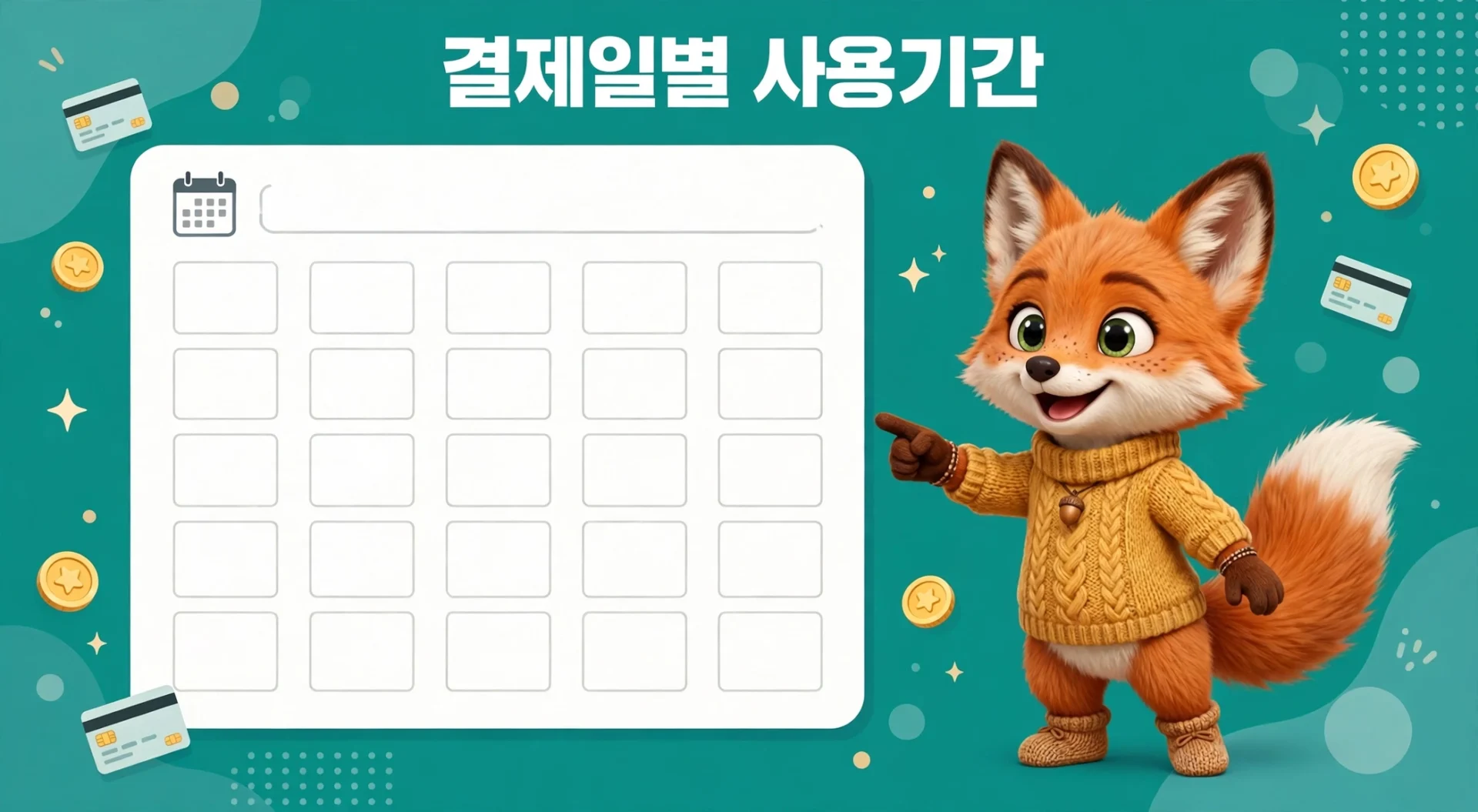 KB국민카드 결제일별 사용기간을 달력 앞에서 안내하는 여우 캐릭터