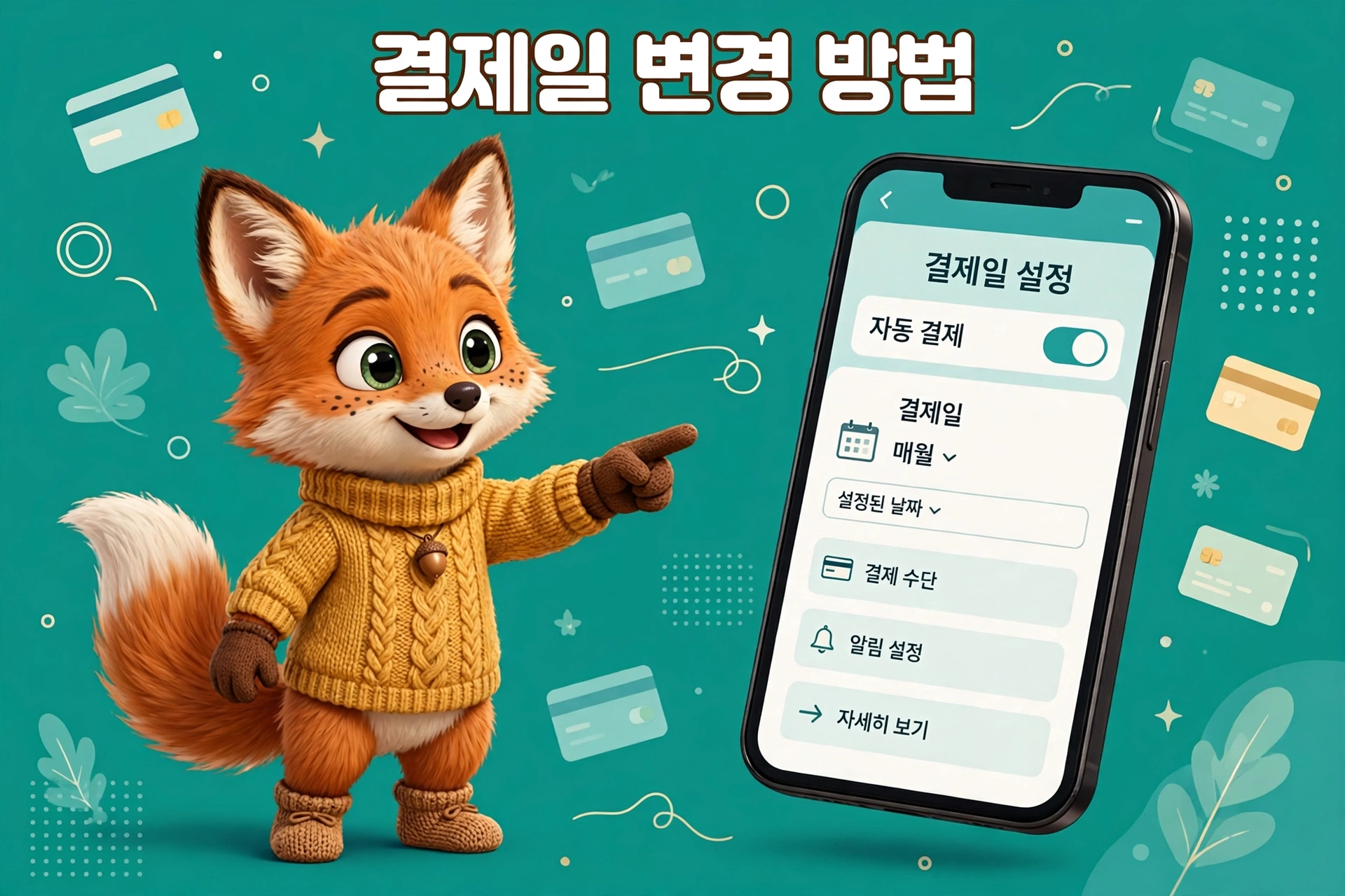스마트폰에서 KB국민카드 결제일 변경 방법을 보여주는 여우 캐릭터