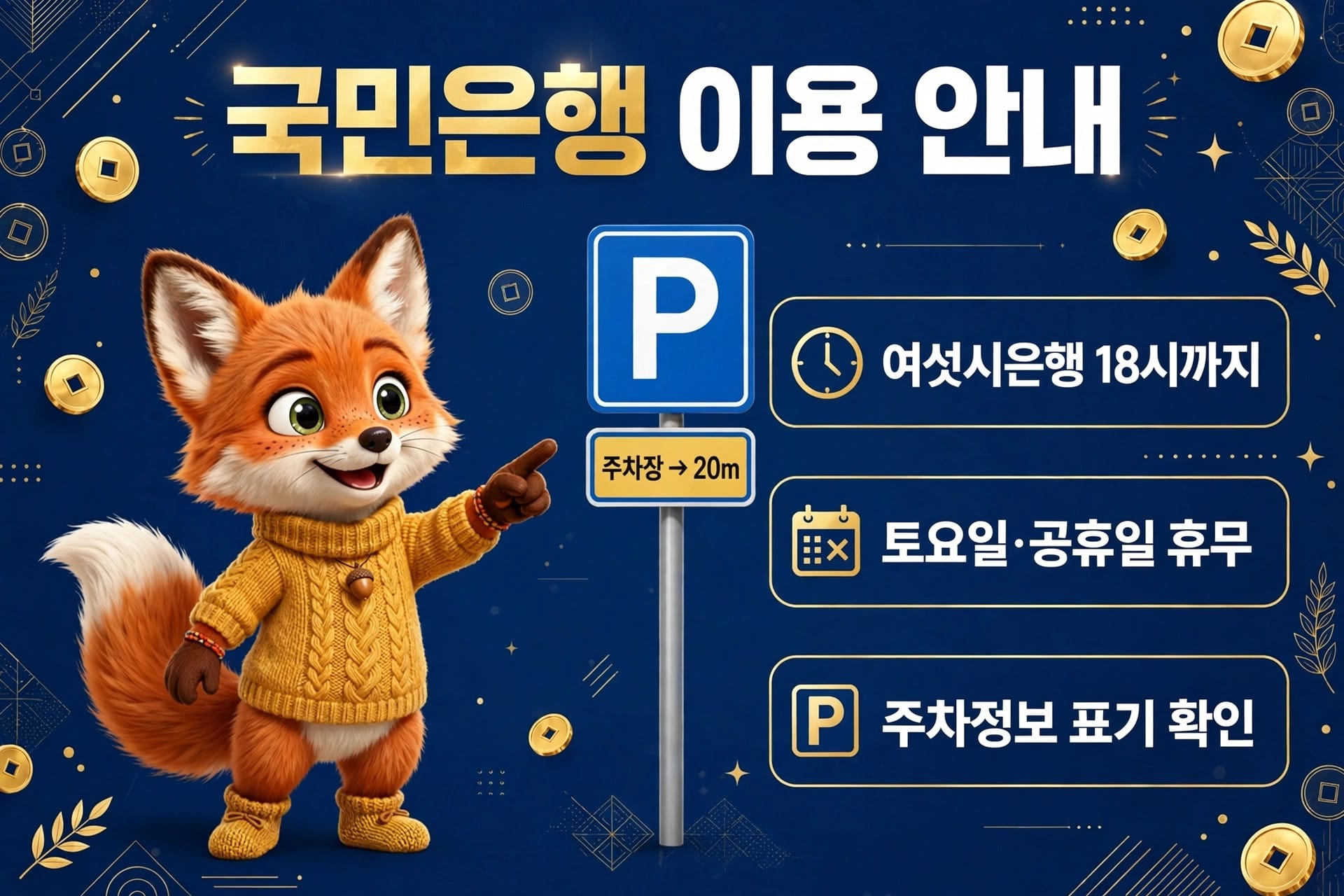 국민은행 이용 안내 이미지, 귀여운 여우 캐릭터가 주차 안내 표지판을 가리키고 있으며, 주차장 위치 및 운영 시간 정보가 포함되어 있습니다. 여섯 시까지 운영, 토요일과 공휴일 휴무 안내.