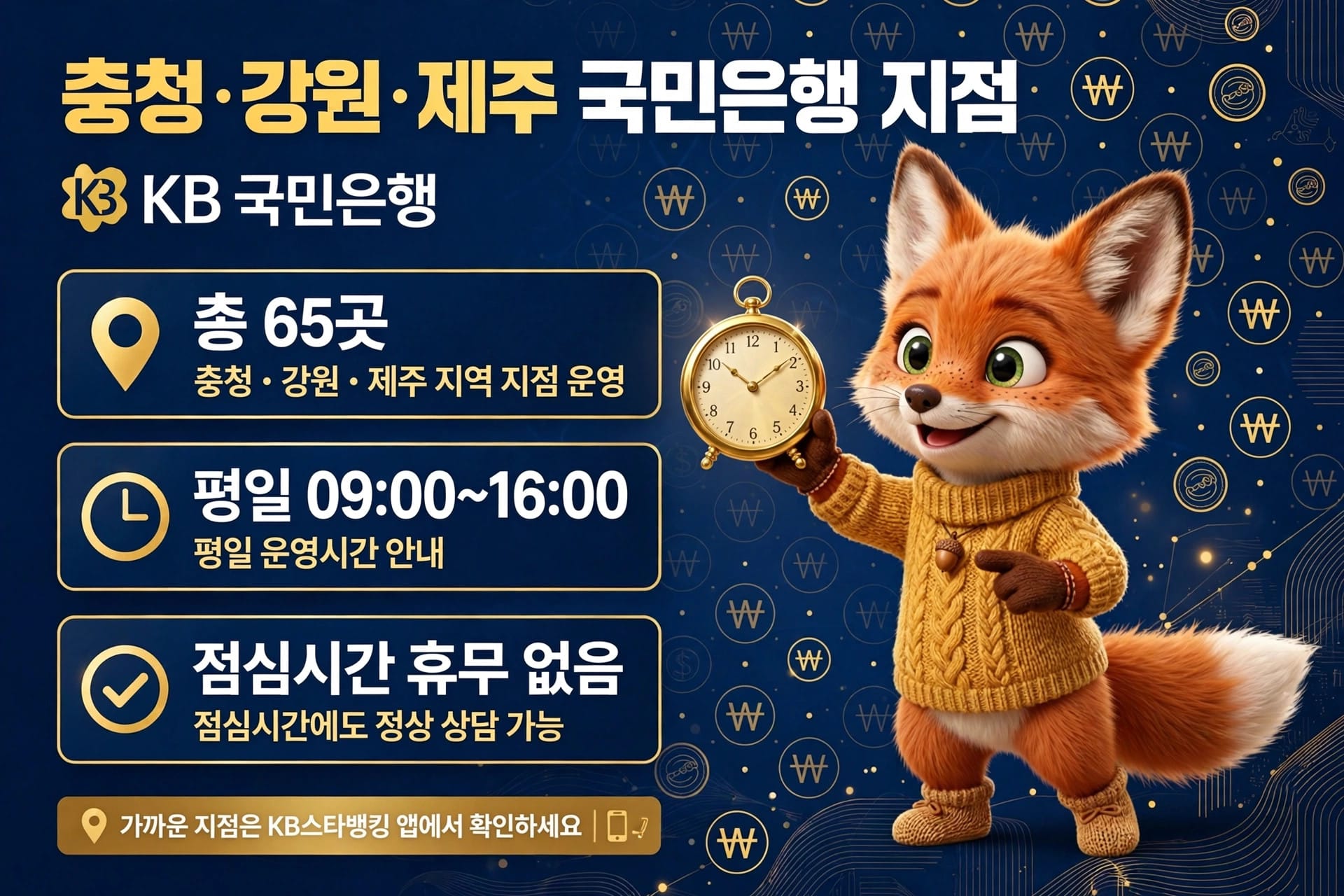 충청, 강원, 제주 지역의 KB 국민은행 지점 정보 이미지. 지점 수 65곳, 평일 운영 시간 09:00~16:00, 점심시간 휴무 없음 안내. 귀여운 여우 캐릭터가 시계를 들고 있는 모습.