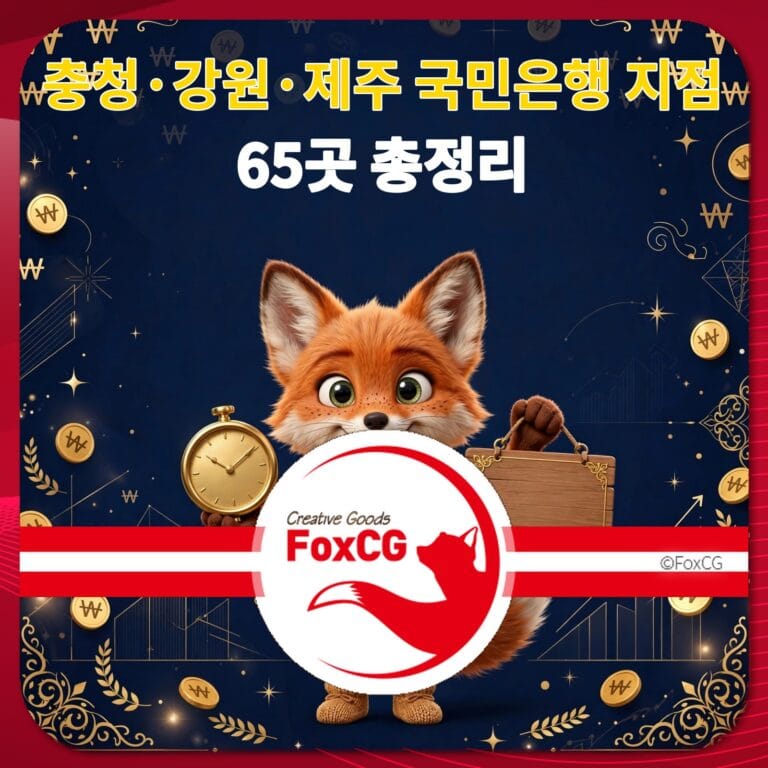 충청, 강원, 제주 지역의 국민은행 지점과 65곳 총정리 정보를 담은 이미지. 귀여운 여우 캐릭터가 시계와 가방을 들고 있는 배경.
