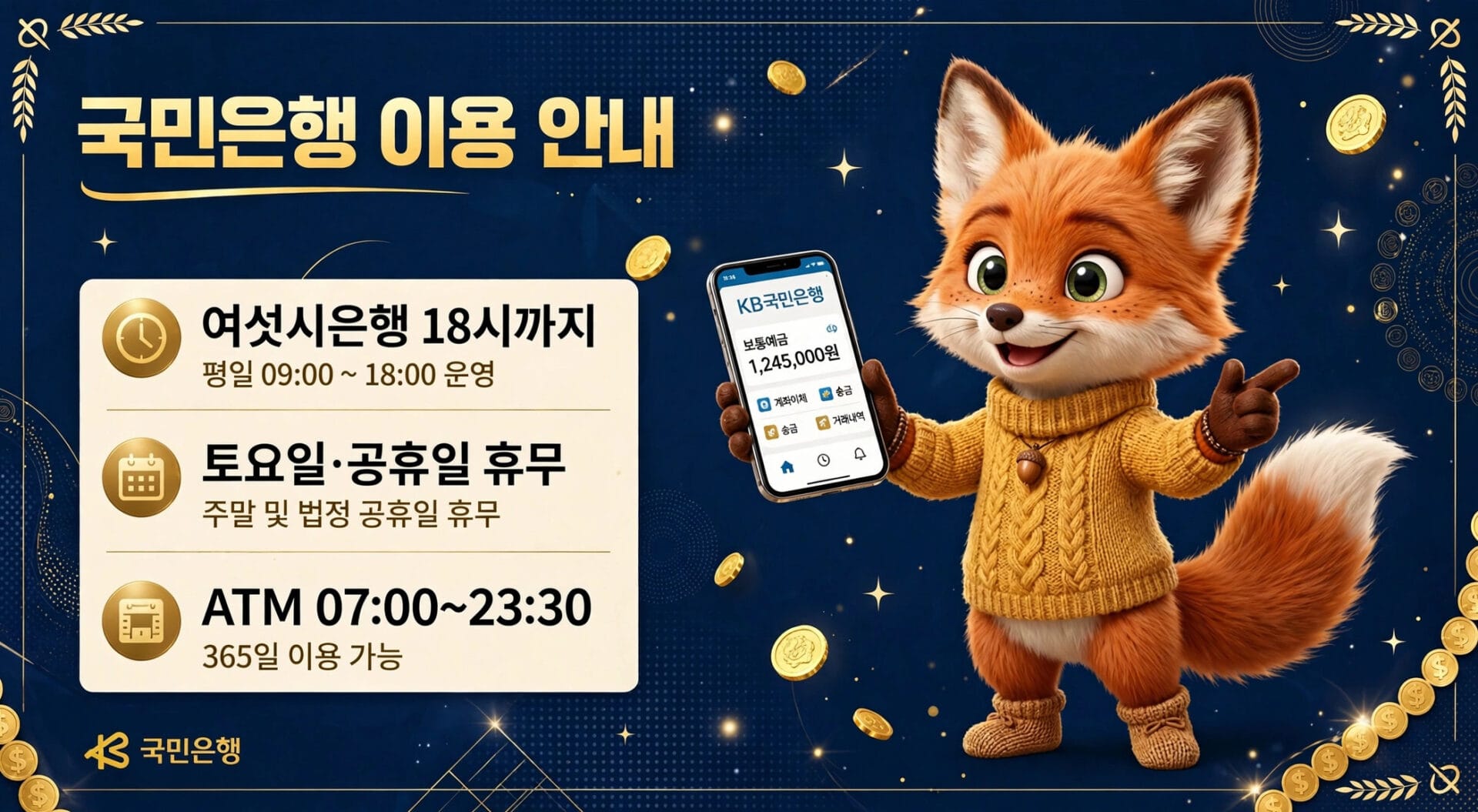 국민은행 이용 안내 이미지, 여섯 시까지 운영되는 평일 은행 시간, 토요일 및 공휴일 휴무, ATM 이용 시간 및 365일 운영 정보 포함. 귀여운 여우 캐릭터가 스마트폰을 들고 있는 모습.