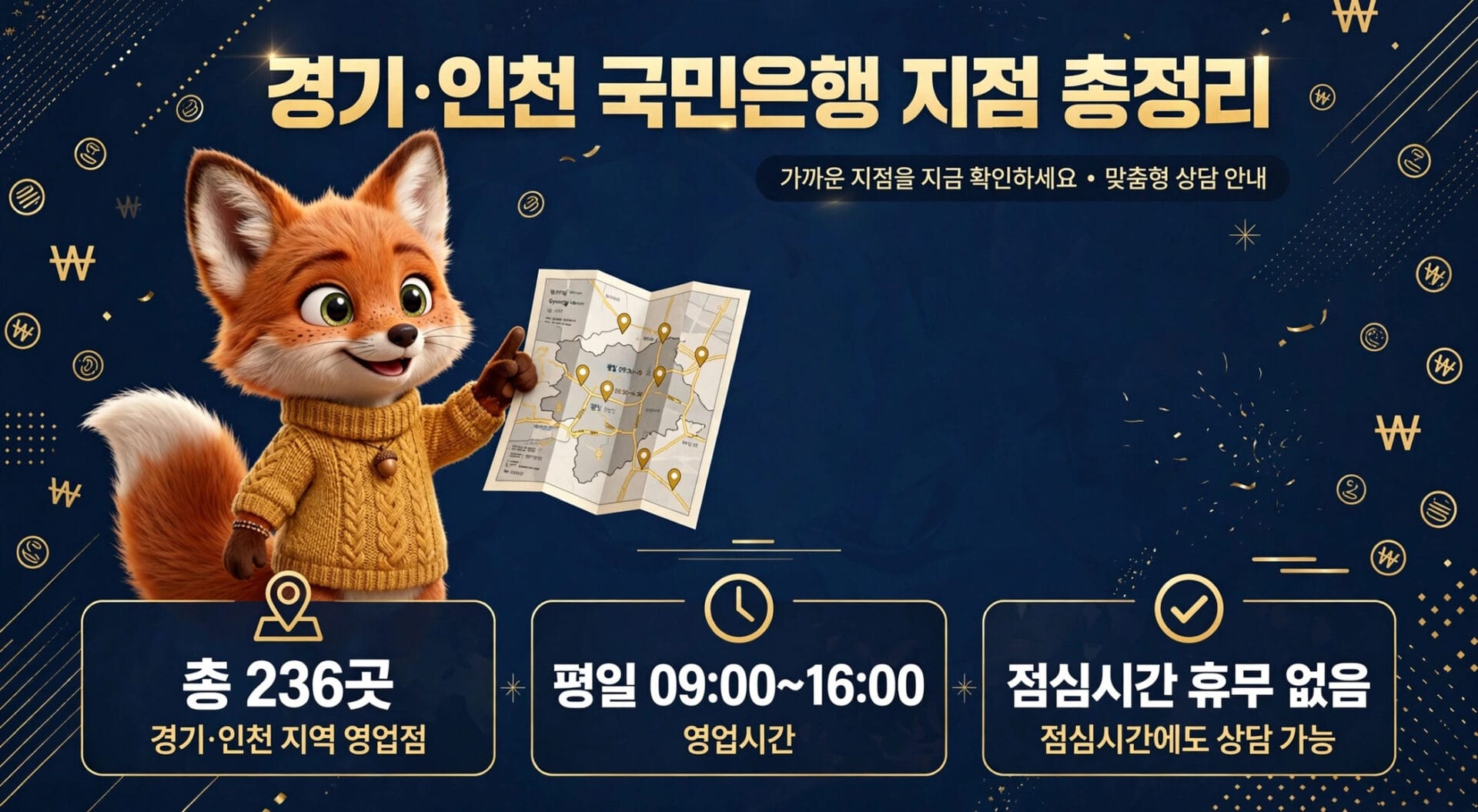 경기·인천 국민은행 지점 안내 이미지, 총 236개 지점 위치와 평일 운영시간 09:00~16:00, 점심시간 없이 상담 가능 정보 포함. 귀여운 여우 캐릭터와 함께 지도 표시.