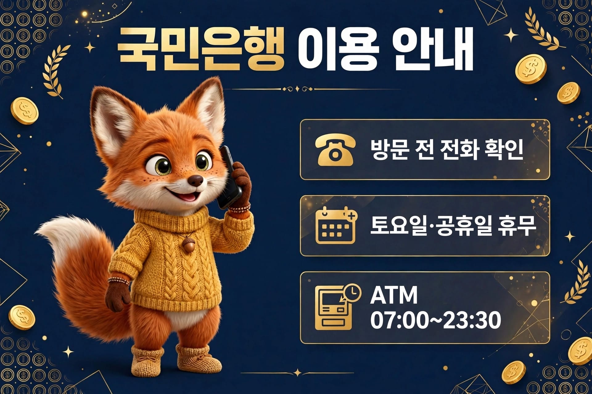 국민은행 이용 안내를 위한 이미지로, 귀여운 여우 캐릭터가 전화기를 들고 있는 모습과 함께 방문 전 전화 확인, 토요일 및 공휴일 휴무, ATM 운영 시간(07:00~23:30)에 대한 정보가 포함되어 있습니다.