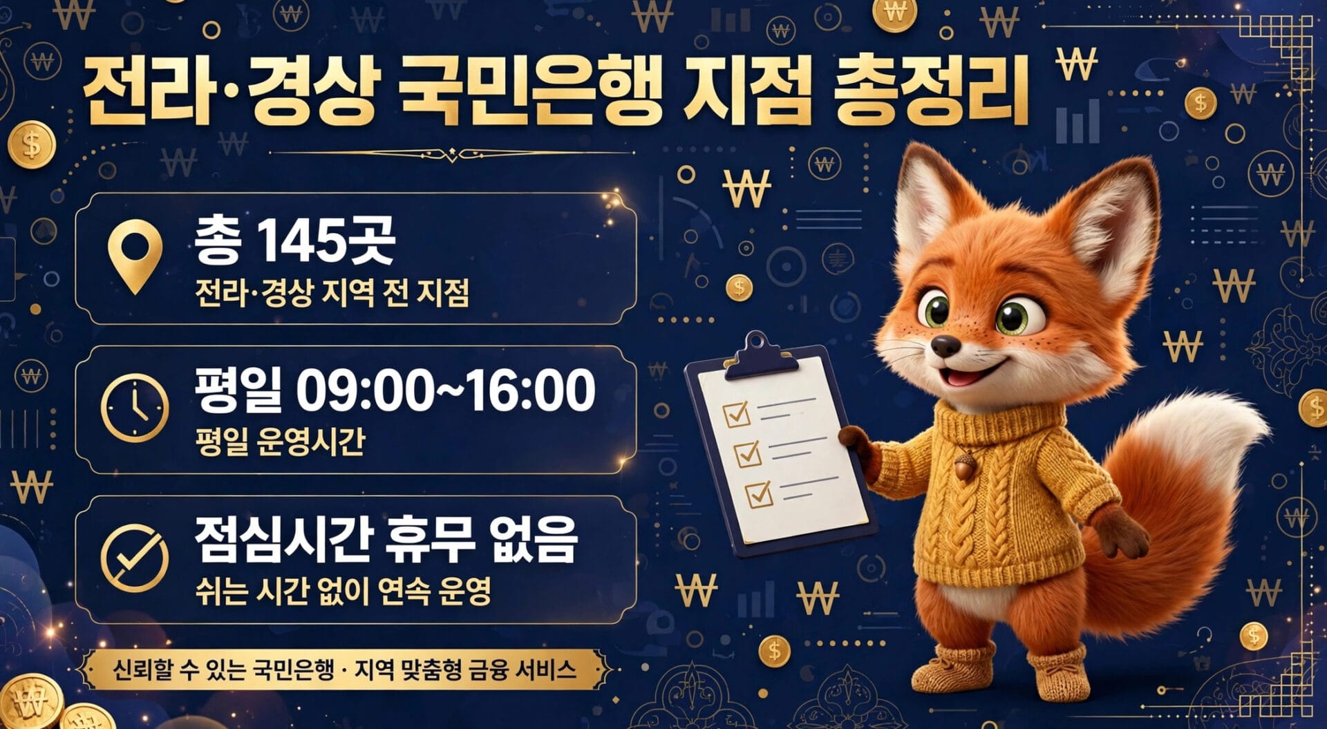 전라·경상 국민은행 지점 정보 이미지, 총 145곳 운영, 평일 09:00~16:00, 점심시간 없이 연속 운영. 신뢰할 수 있는 지역 맞춤형 금융 서비스 제공.