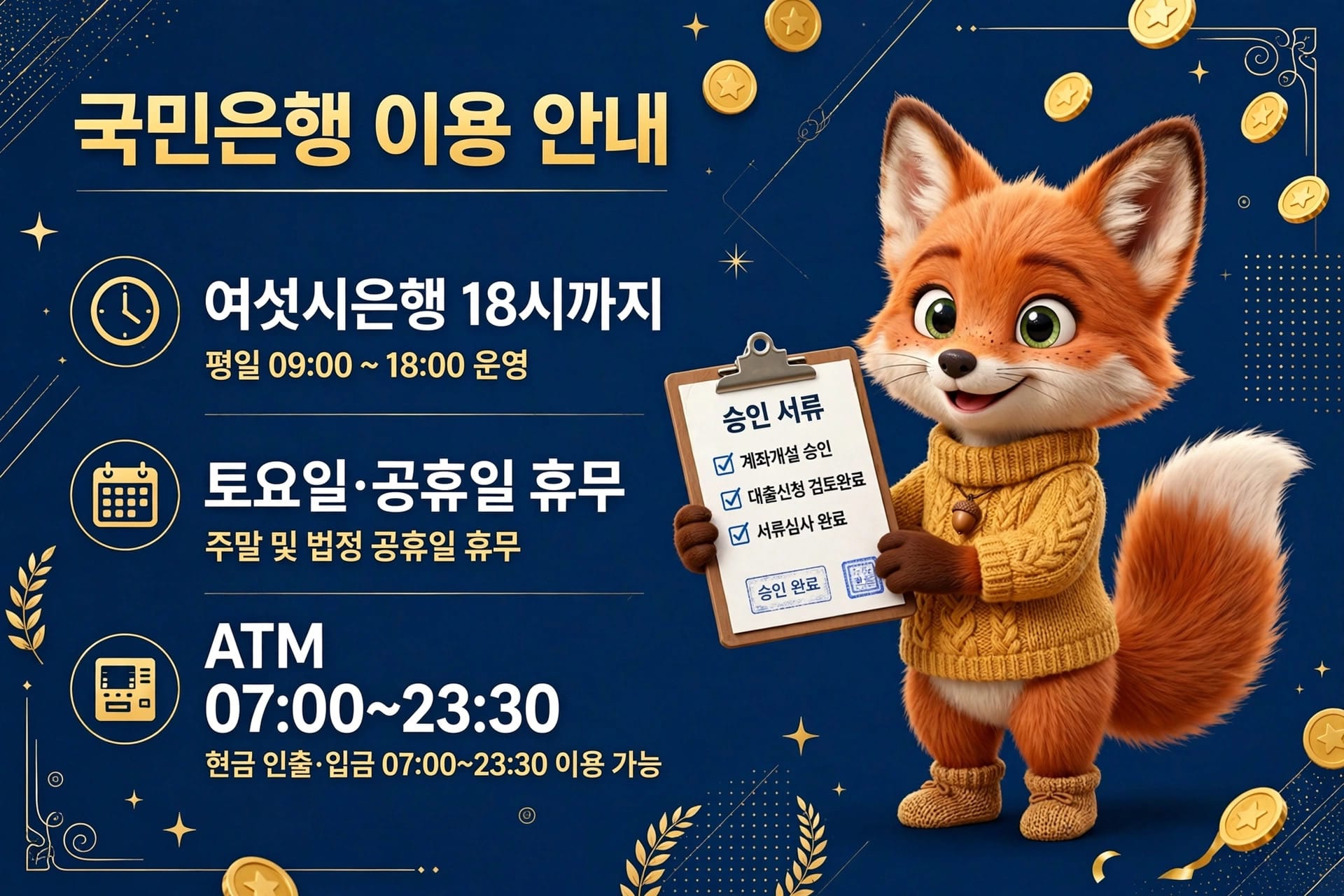 국민은행 이용 안내 이미지, 운영 시간 및 서비스 정보 포함. 평일 09:00~18:00, 토요일 및 공휴일 휴무, ATM 이용 가능 시간은 07:00~23:30. 귀여운 캐릭터가 서류를 들고 있는 모습.
