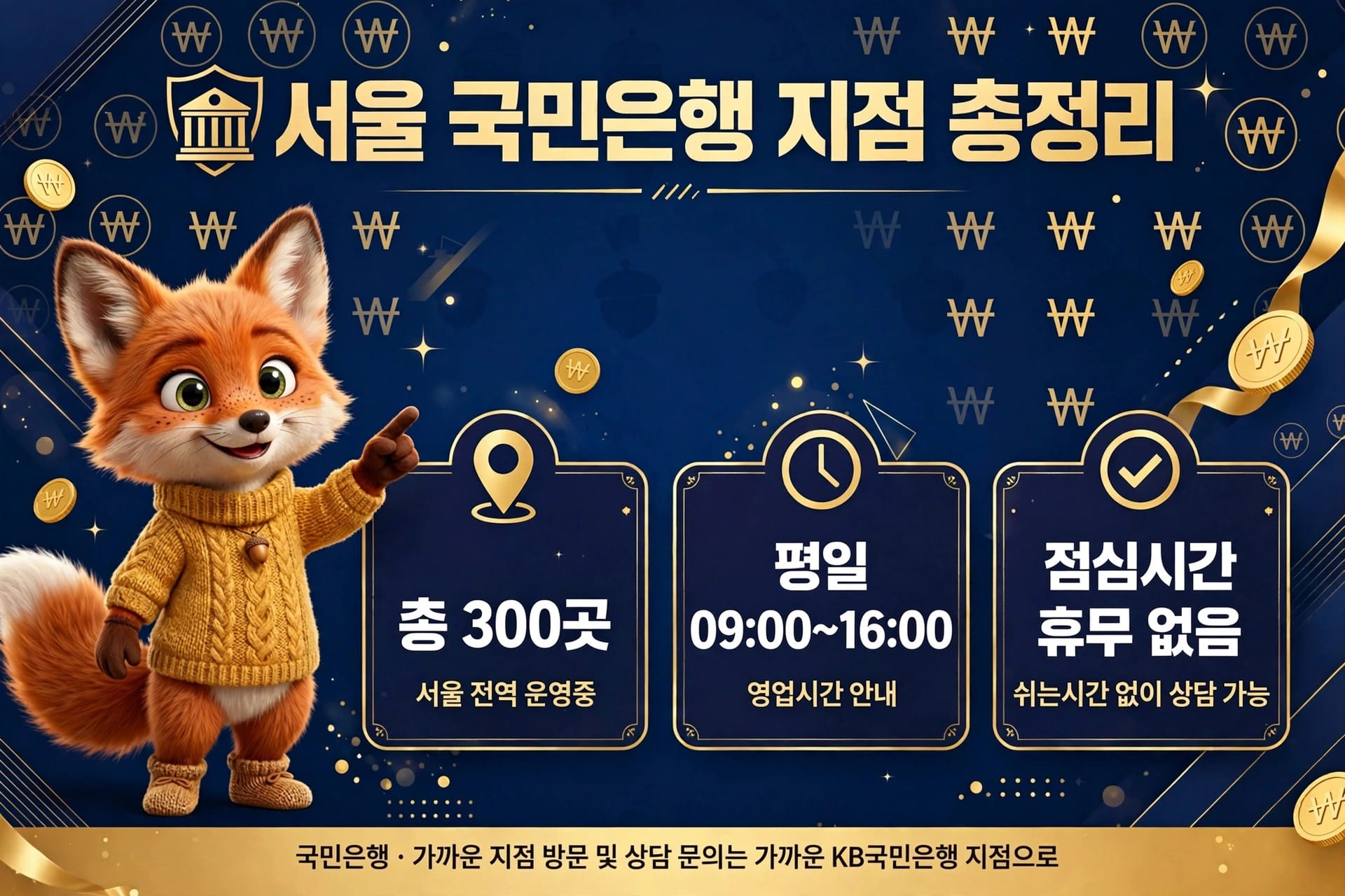 서울 국민은행 지점 총정리 안내, 운영 중인 300개 지점 정보, 평일 영업시간 09:00~16:00, 점심시간 없이 상담 가능, 귀여운 여우 캐릭터와 함께한 디자인.