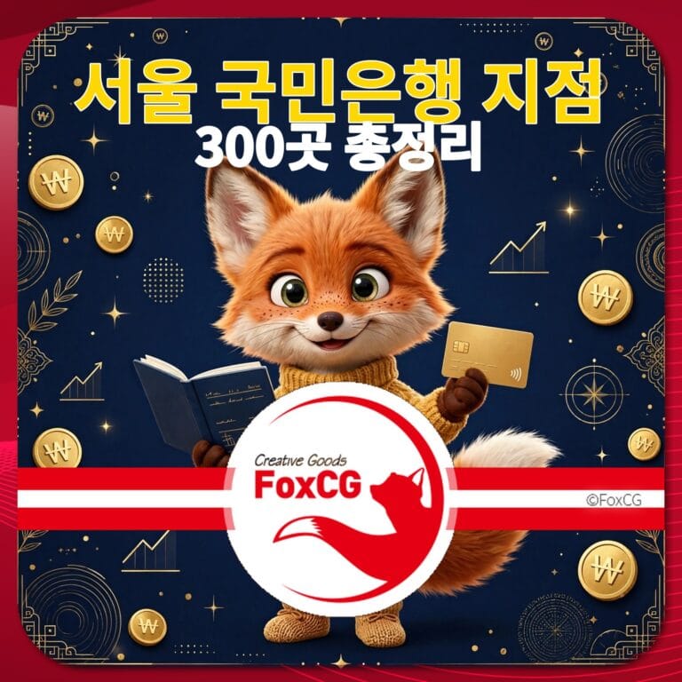 서울 국민은행 지점과 300곳 총정리를 알리는 귀여운 여우 캐릭터 이미지. 금융 관련 아이콘과 그래픽이 배경에 포함되어 있어 경제적 주제를 강조하고 있습니다.