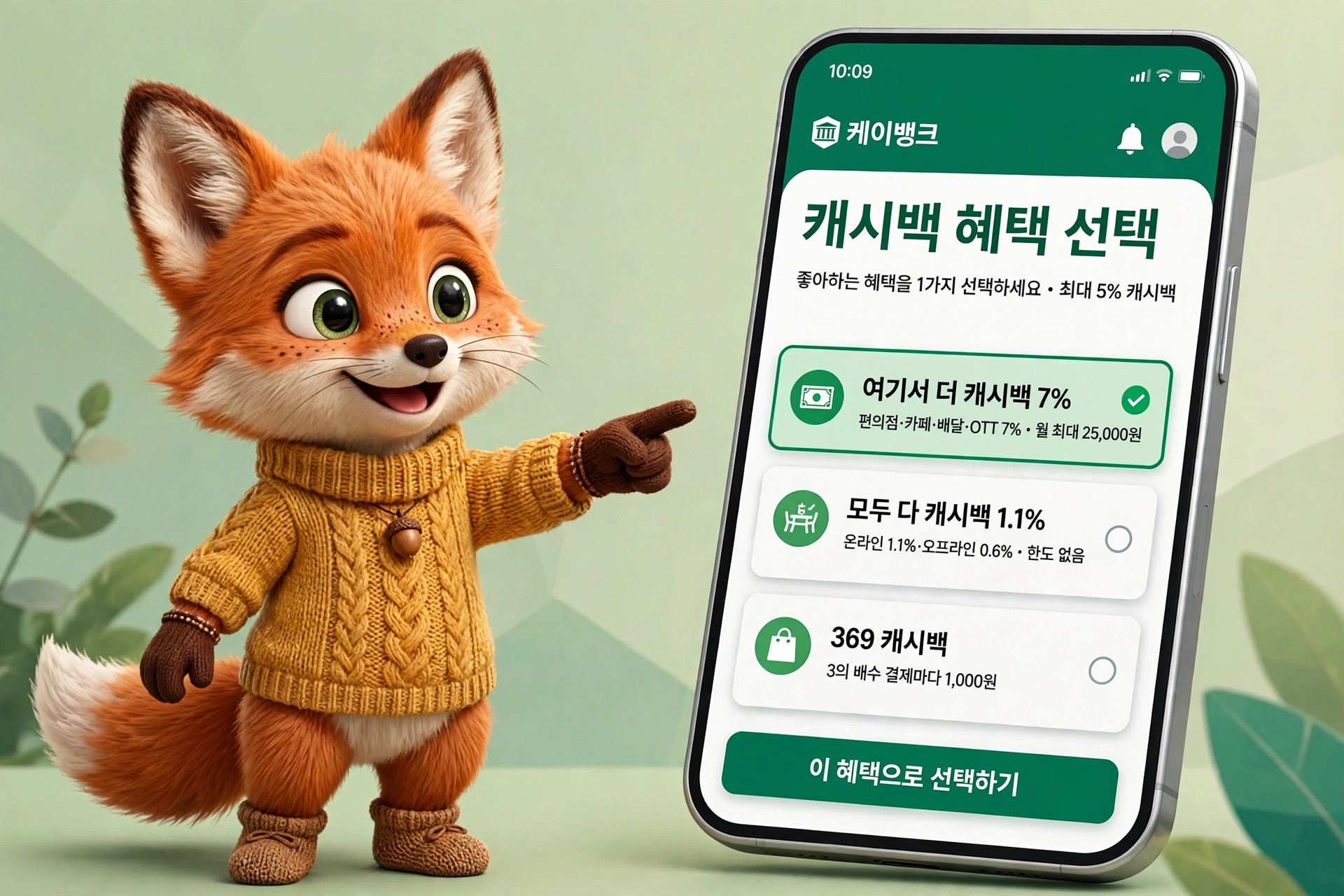 캐시백 혜택을 소개하는 귀여운 여우 캐릭터와 스마트폰 화면, 캐시백 옵션 및 비율이 나열된 모습.