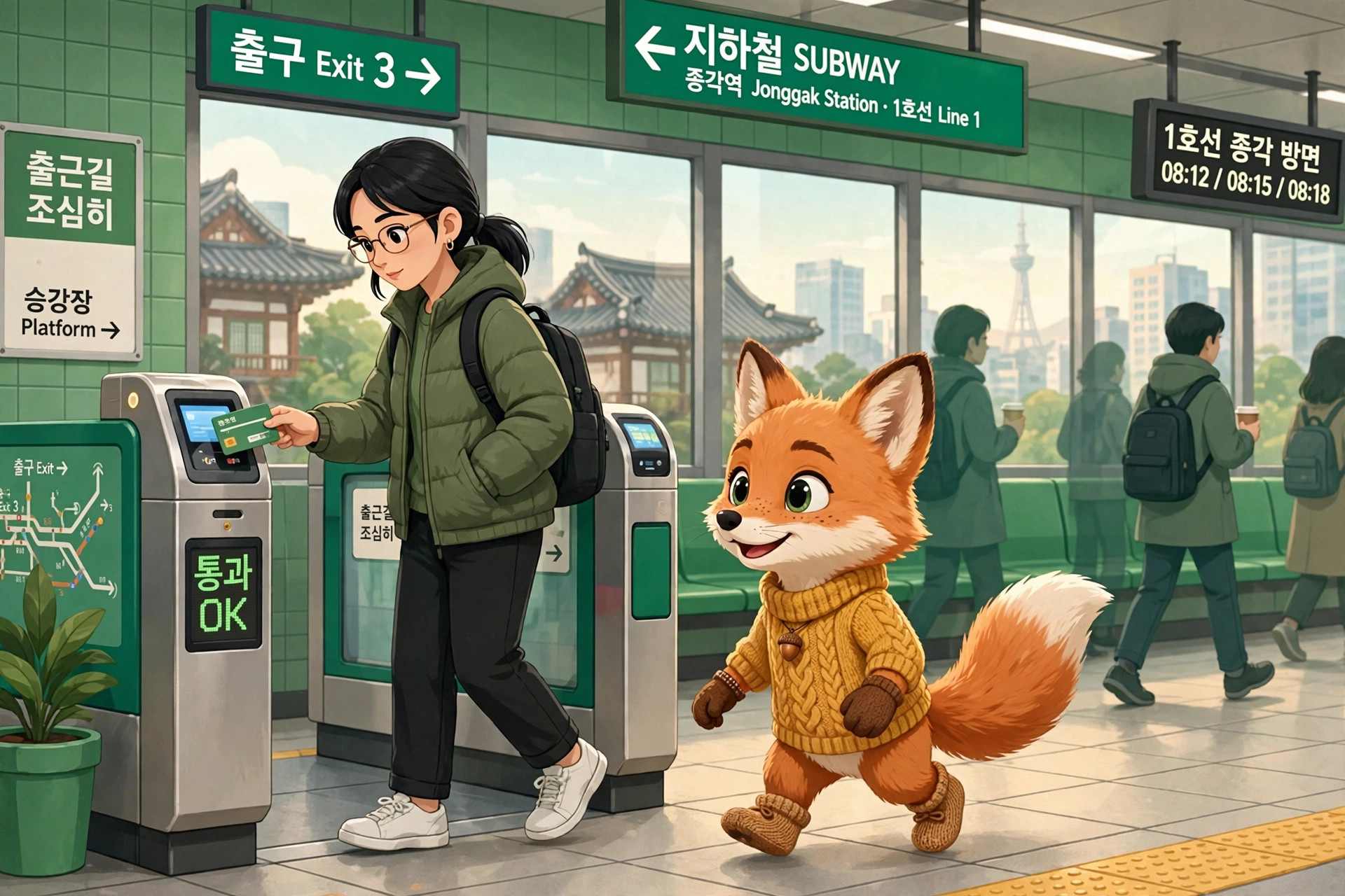 지하철역에서 승차권을 사용하는 여성과 귀여운 여우 캐릭터가 있는 일러스트. 배경에는 종각역의 안내 표지판과 도시 풍경이 보임.