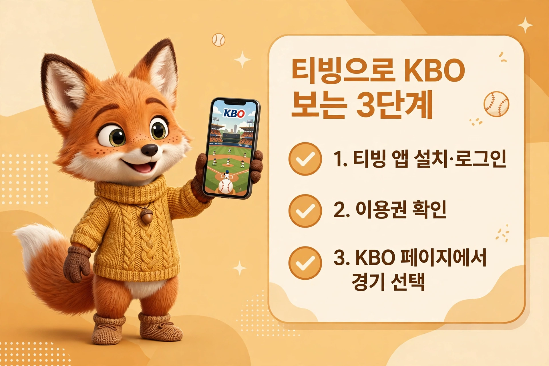티빙으로 KBO 보는 3단계 - 앱 설치·로그인, 이용권 확인, KBO 페이지에서 경기 선택을 안내하는 여우 캐릭터