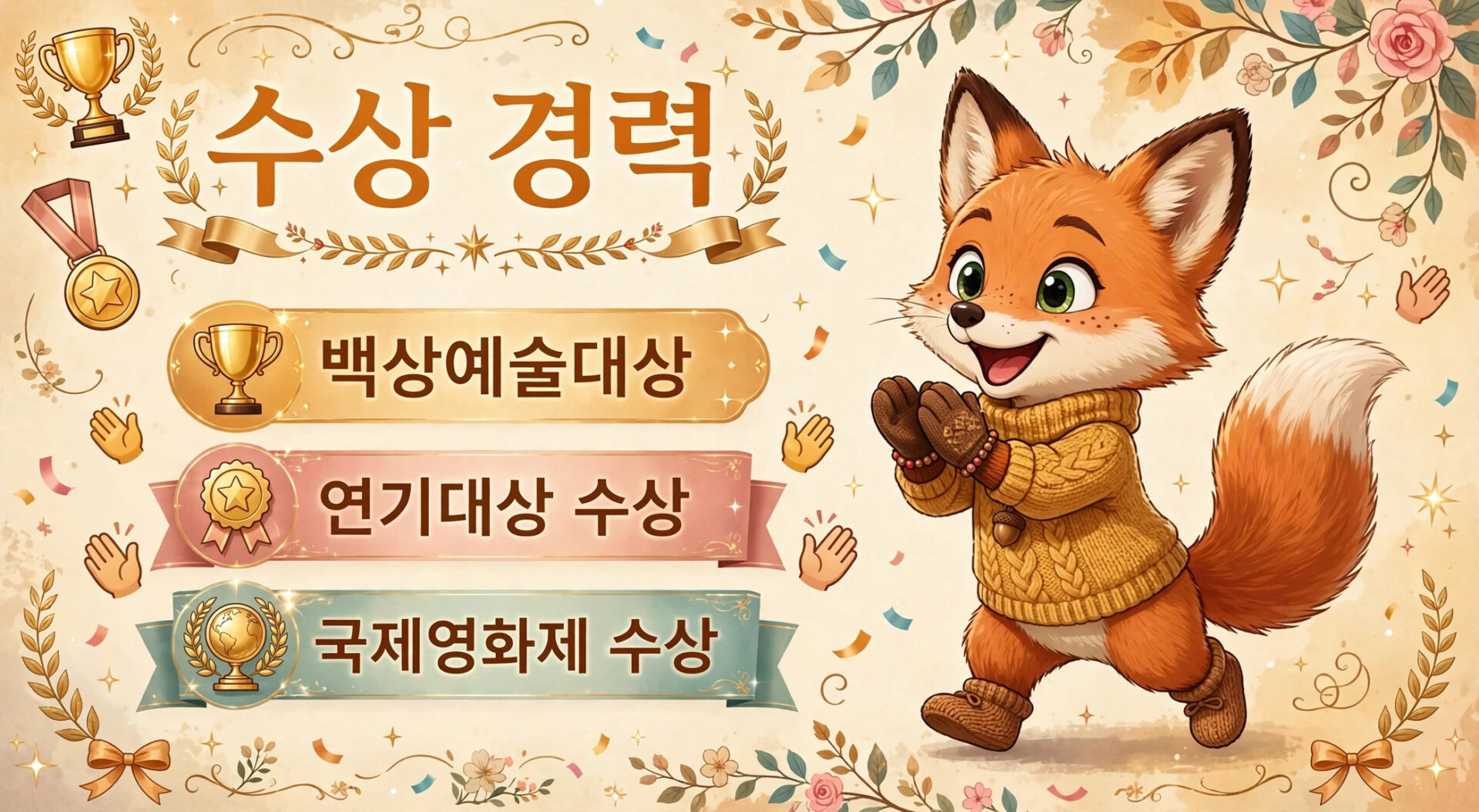 수상 경력을 나타내는 귀여운 여우 캐릭터가 배경에 상장과 트로피 아이콘과 함께 등장하는 이미지. 백상예술대상, 연기대상, 국제영화제 수상을 강조하여 김혜자의 업적을 상징적으로 표현.