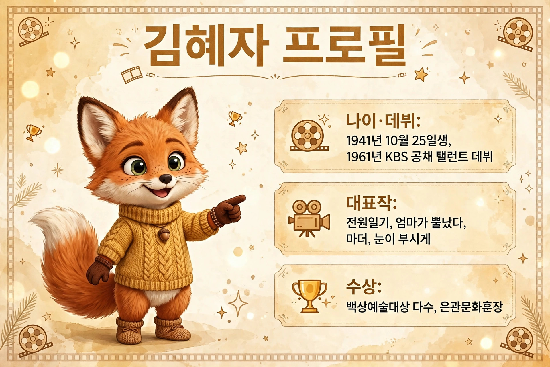 김혜자 프로필 이미지, 나이 1941년 10월 25일, 1961년 KBS 데뷔, 대표작 전원일기, 엄마가 뿔났다, 마더, 눈이 부시게, 수상 내역 백상예술대상 다수 및 은관문화훈장.