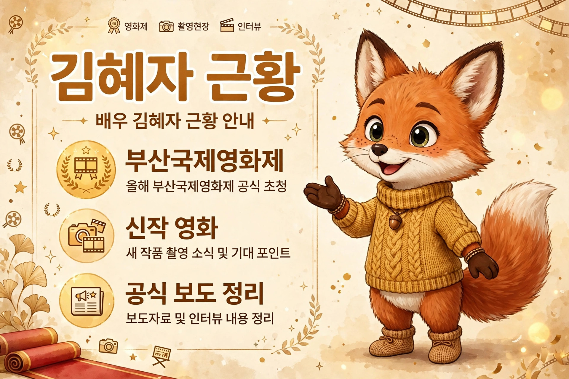 부산국제영화제와 관련된 김혜자 배우의 근황을 소개하는 이미지로, 귀여운 여우 캐릭터가 노란 스웨터를 입고 있으며, 영화제와 신작에 대한 정보가 담긴 배경 디자인이 포함되어 있습니다.