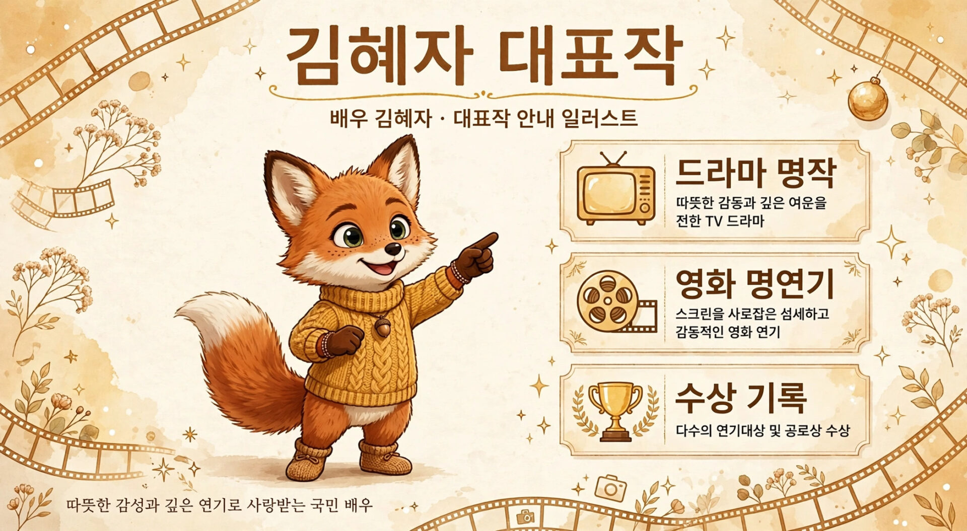 김혜자의 대표작을 소개하는 이미지로, 드라마, 영화, 수상 기록을 포함한 일러스트가 배경에 있으며, 따뜻한 감성과 깊은 연기를 강조하는 내용이 담겨 있습니다.