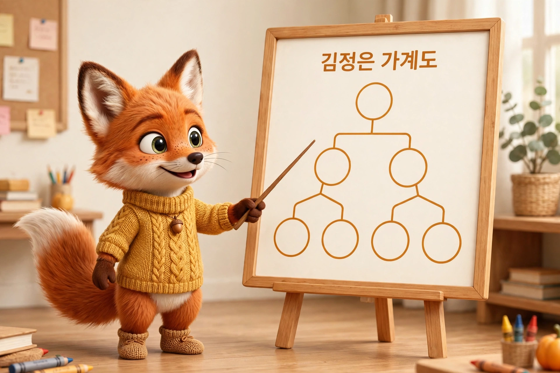 김정은 가계도 3대 구조를 가계도 보드로 설명하는 여우 캐릭터