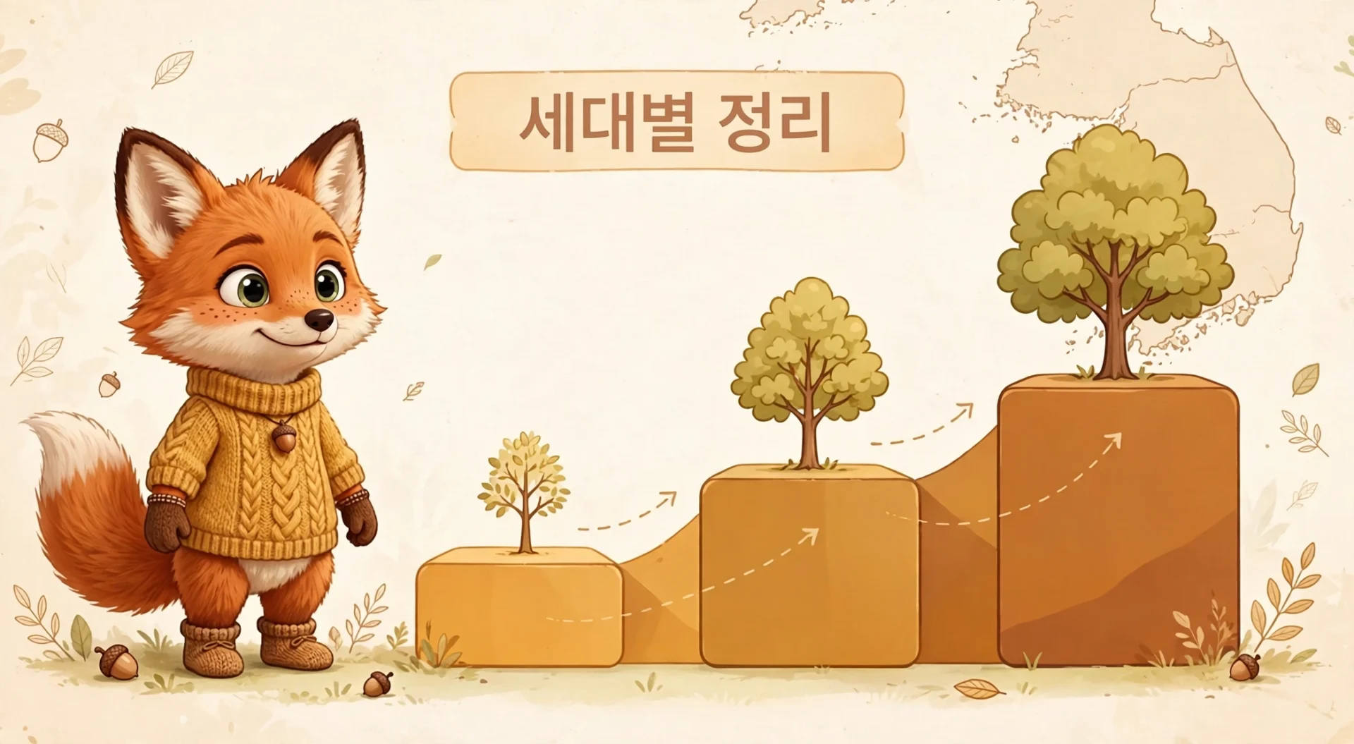 김정은 가계도 세대별 정리를 세 단계 타임라인으로 보여주는 여우 캐릭터