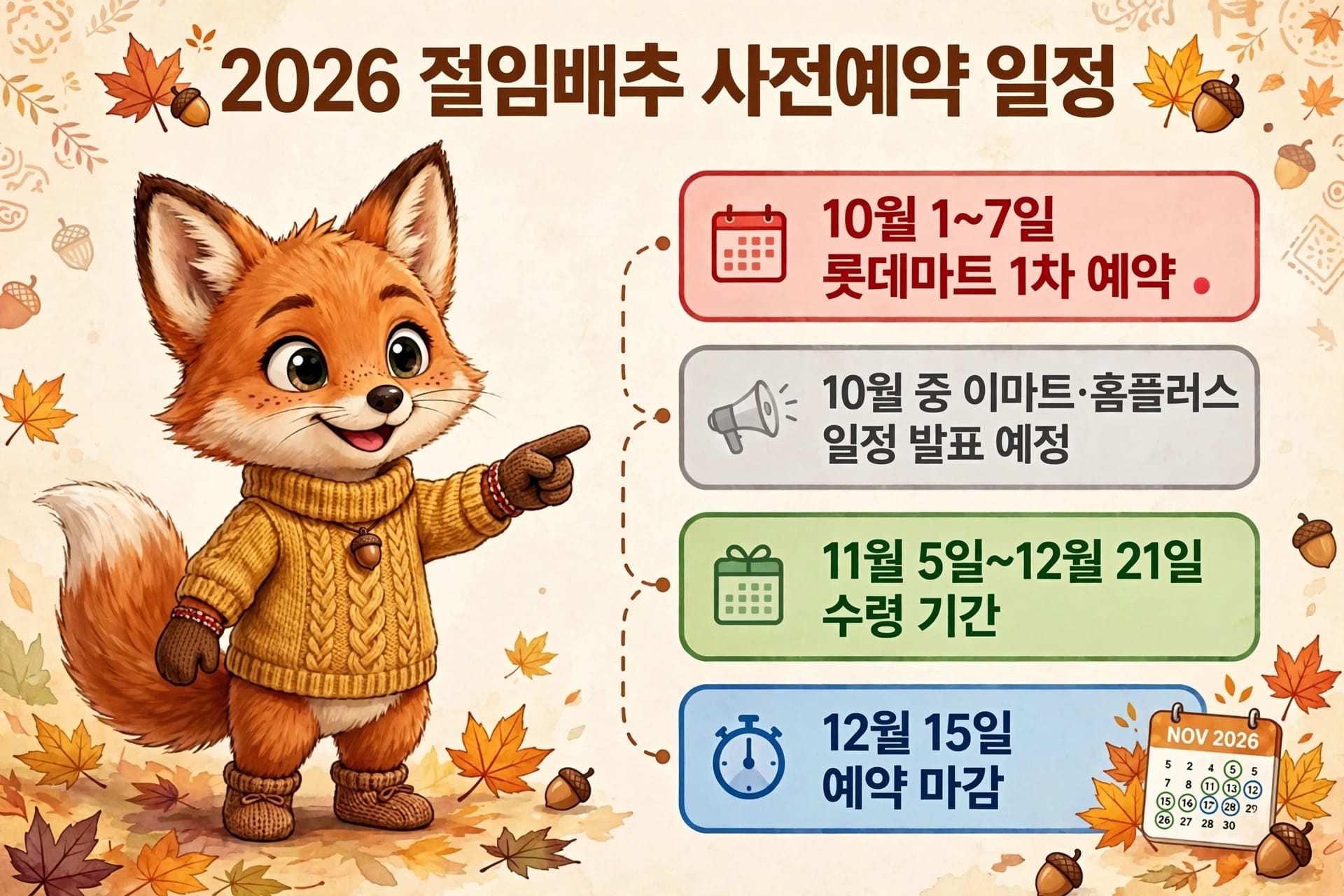 2026 절임배추 사전예약 일정 안내 이미지, 롯데마트 1차 예약 날짜 10월 1일부터 7일, 이마트 및 홈플러스 일정 발표 예정, 수령 기간 11월 5일부터 12월 21일, 예약 마감일 12월 15일.