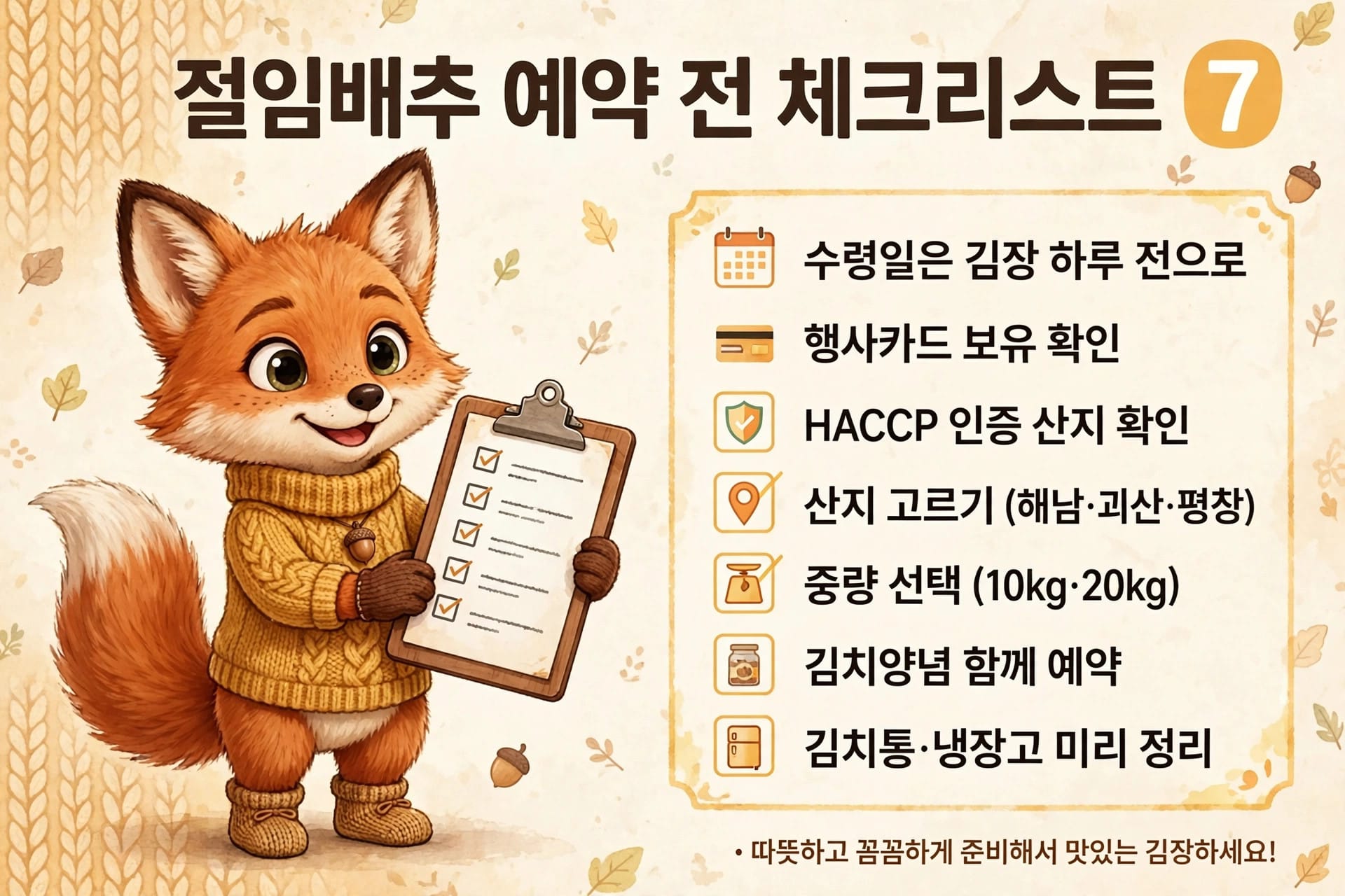 절임배추 예약 체크리스트를 들고 있는 귀여운 여우 캐릭터 이미지, 체크리스트 항목에는 수령일, 행사카드 확인, HACCP 인증, 산지 고르기, 중량 선택, 김치 양념 예약 등이 포함되어 있음.