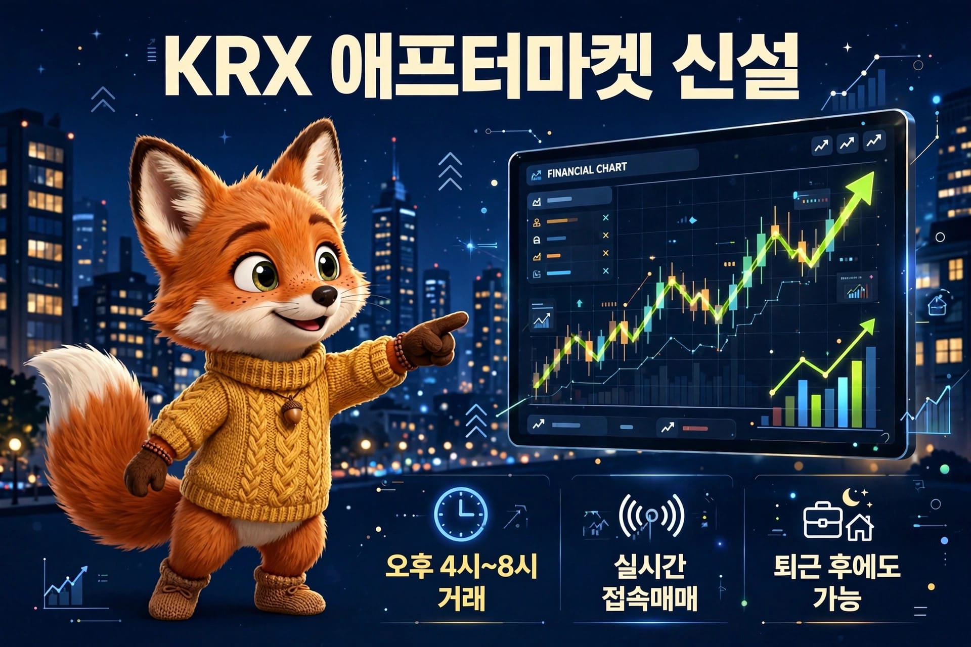 KRX 애프터마켓을 소개하는 귀여운 여우 캐릭터와 금융 차트 이미지, 오후 4시부터 8시까지 거래 가능, 실시간 접속 매매, 퇴근 후에도 거래 가능 정보를 포함.