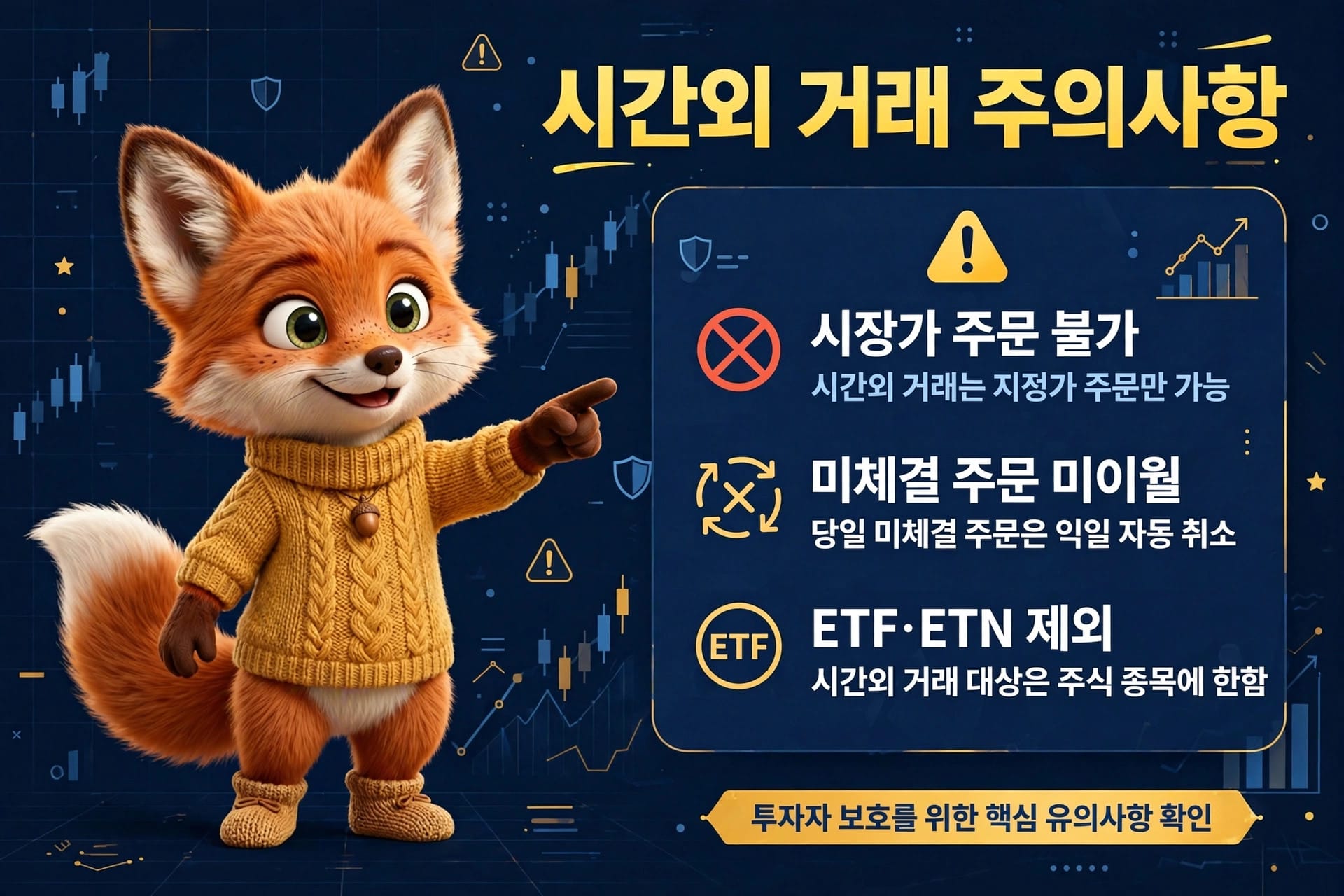 시간 외 거래 주의사항을 설명하는 이미지로, 귀여운 여우 캐릭터가 투자 관련 정보를 제공하고 있습니다. 주요 내용으로는 시장의 주문 불가, 미체결 주문 미이월, ETF 및 ETN 제외에 대한 안내가 포함되어 있습니다.