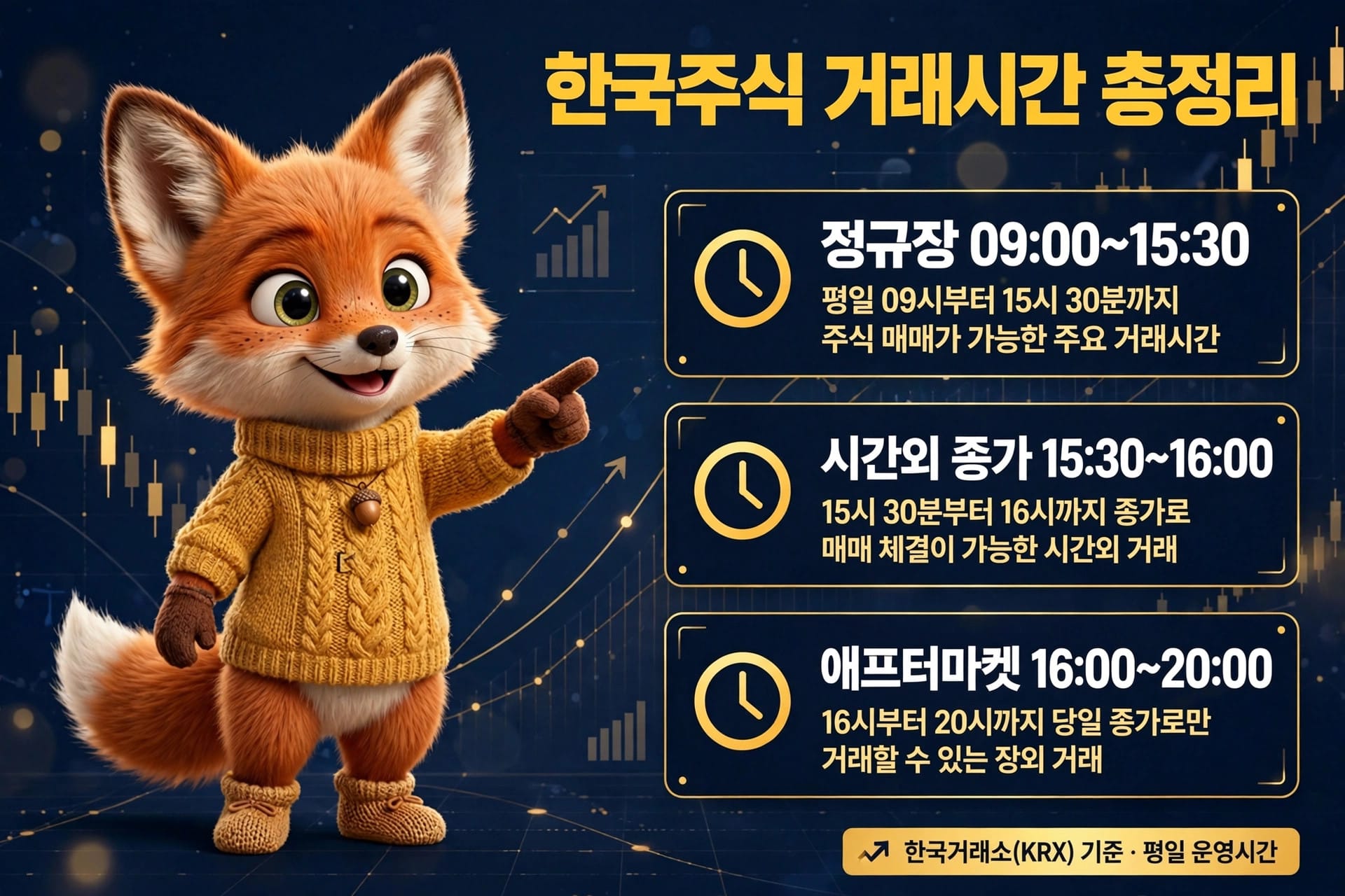 한국 주식 거래시간 안내 이미지, 귀여운 여우 캐릭터가 주식 거래 시간을 설명하고 있으며, 정규장, 시간외 종가, 애프터마켓 거래 시간을 포함하고 있음.
