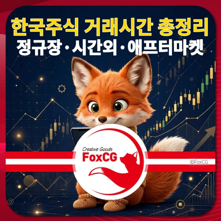 한국 주식 거래 시간 및 정보 요약, 정규장, 시간외 거래, 애프터마켓 관련 그래픽.