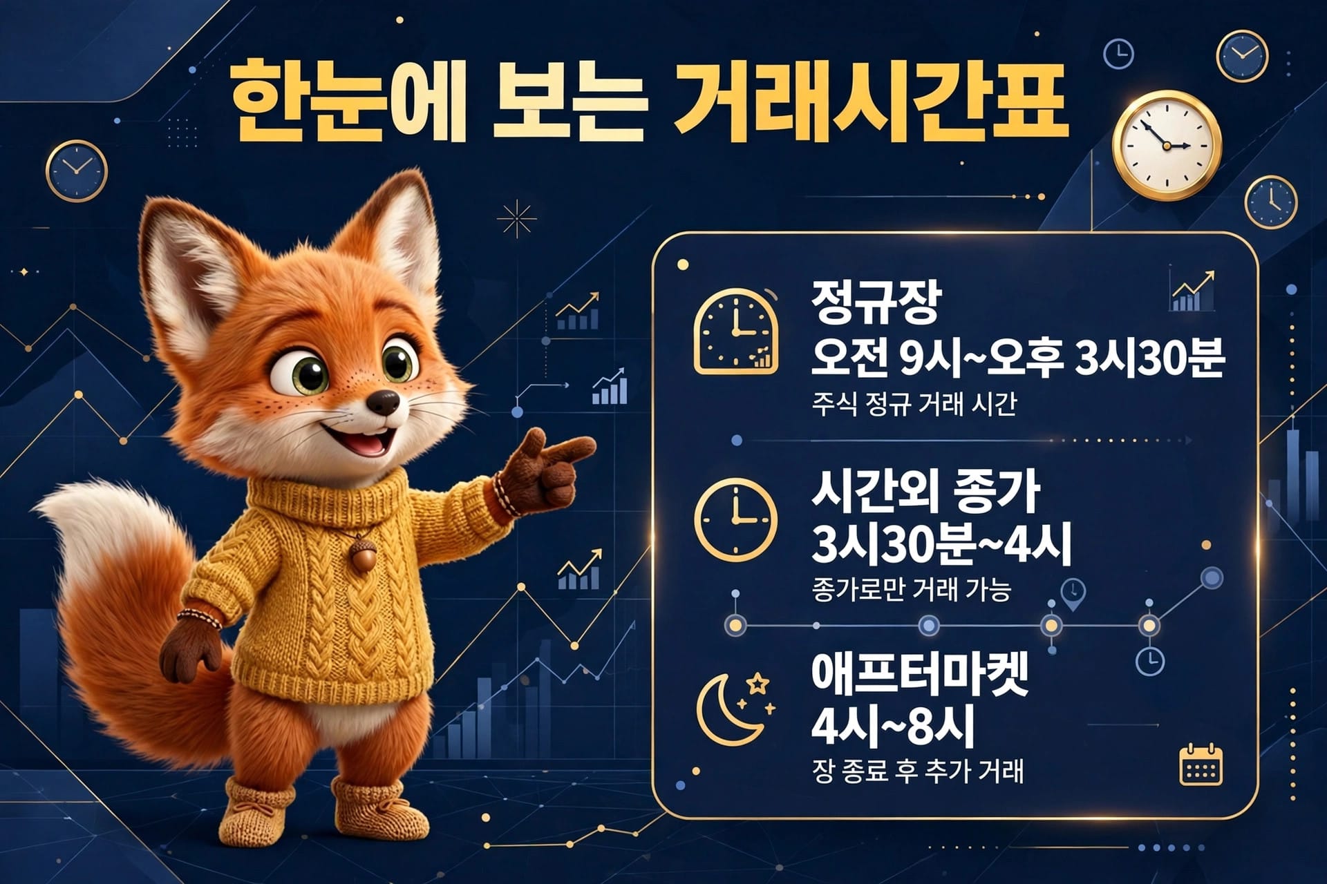 귀여운 여우 캐릭터가 등장하는 거래 시간표 이미지로, 정규장 운영 시간은 오전 9시부터 오후 3시 30분까지이며, 시간 외 거래는 3시 30분부터 4시까지 가능합니다. 애프터 마켓은 오후 4시부터 8시까지 운영됩니다.