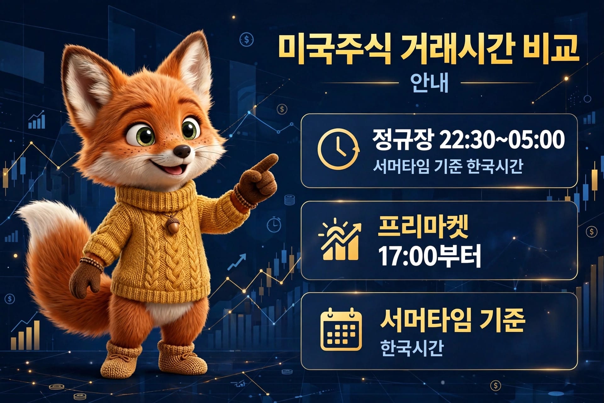 미국 주식 거래시간 안내 이미지, 귀여운 여우 캐릭터가 황금색 스웨터를 입고 있으며, 거래시간 정보가 포함되어 있습니다. 정규장 시간은 한국시간 기준 22:30~05:00, 프리마켓은 17:00부터 시작됩니다. 배경은 금융 그래프와 기호로 구성되어 있습니다.
