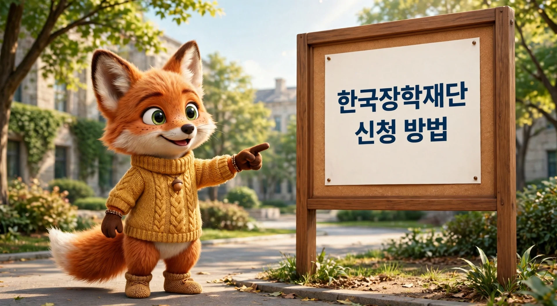 캠퍼스 게시판 앞에서 한국장학재단 신청 방법을 안내하는 여우 캐릭터 일러스트