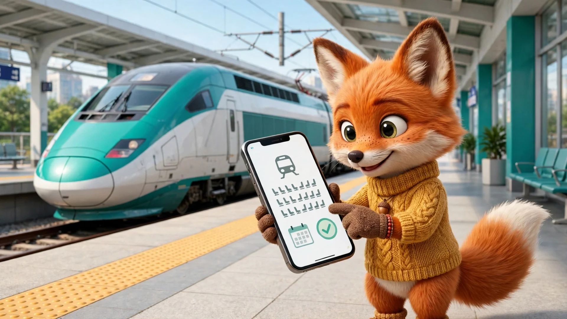 KTX 온라인 예매 — 코레일+ 앱으로 승차권을 예매하는 여우 캐릭터와 고속열차