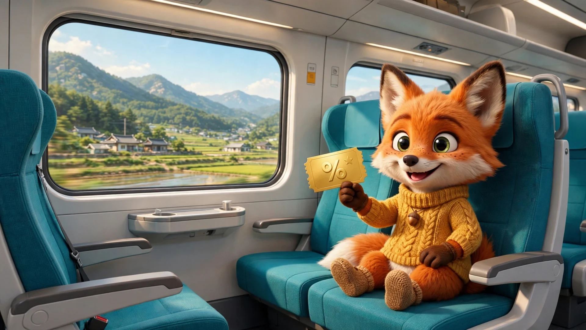 KTX 할인 좌석 — 할인 쿠폰을 든 여우 캐릭터와 열차 좌석