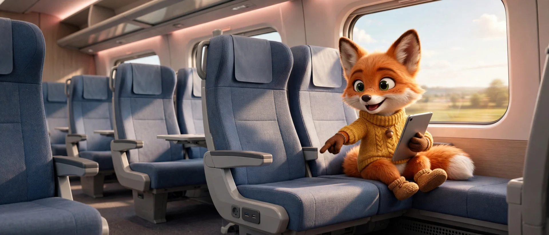 KTX 좌석 선택 꿀팁 일러스트 — 창가 좌석에 앉은 FoxCG 여우 캐릭터와 좌석 하단 콘센트·USB 포트