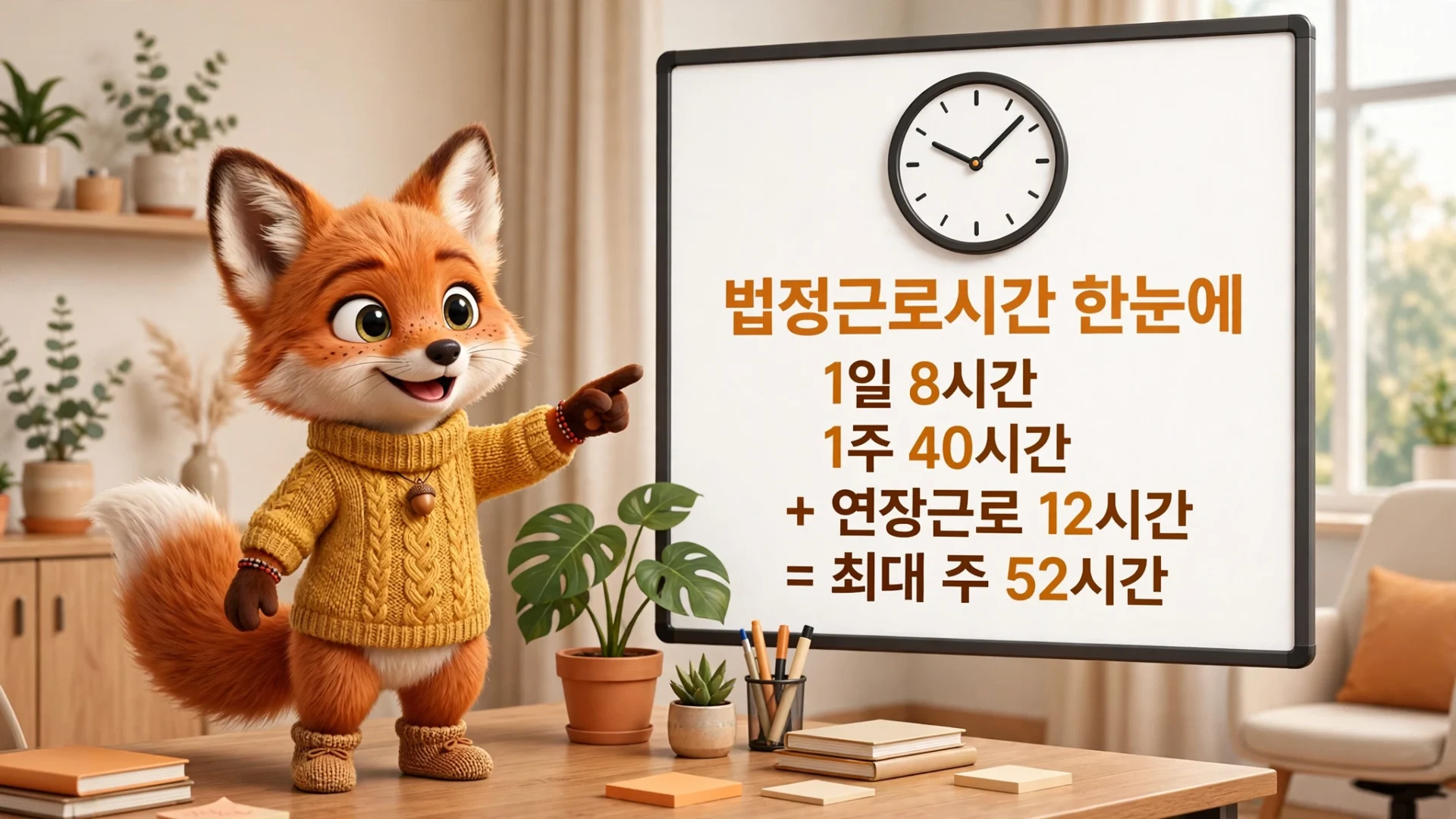 근로기준법 근무시간 인포그래픽 — 법정근로시간 1일 8시간·1주 40시간, 연장근로 12시간, 최대 주 52시간 정리