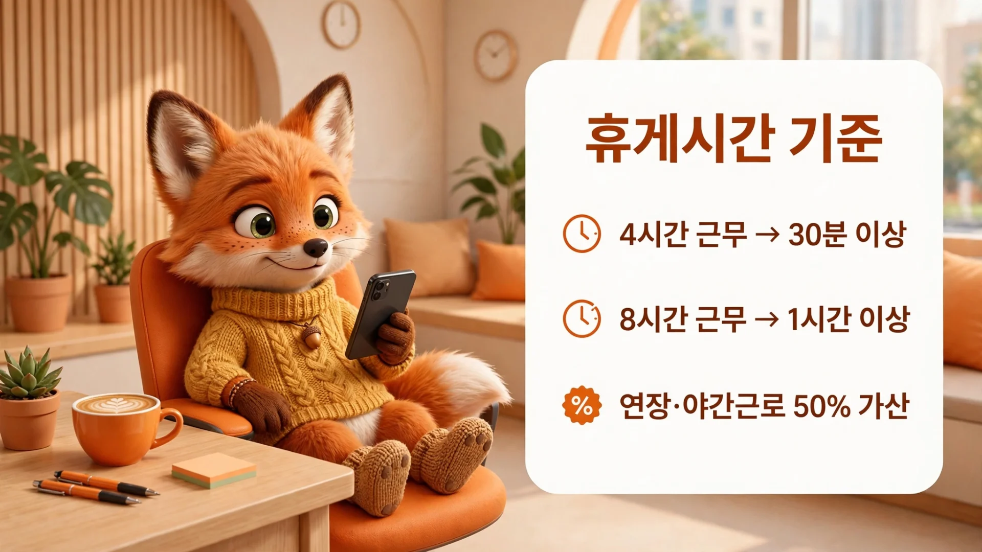 근로기준법 휴게시간 기준 — 4시간 근무 30분 이상, 8시간 근무 1시간 이상, 연장·야간근로 50% 가산 안내